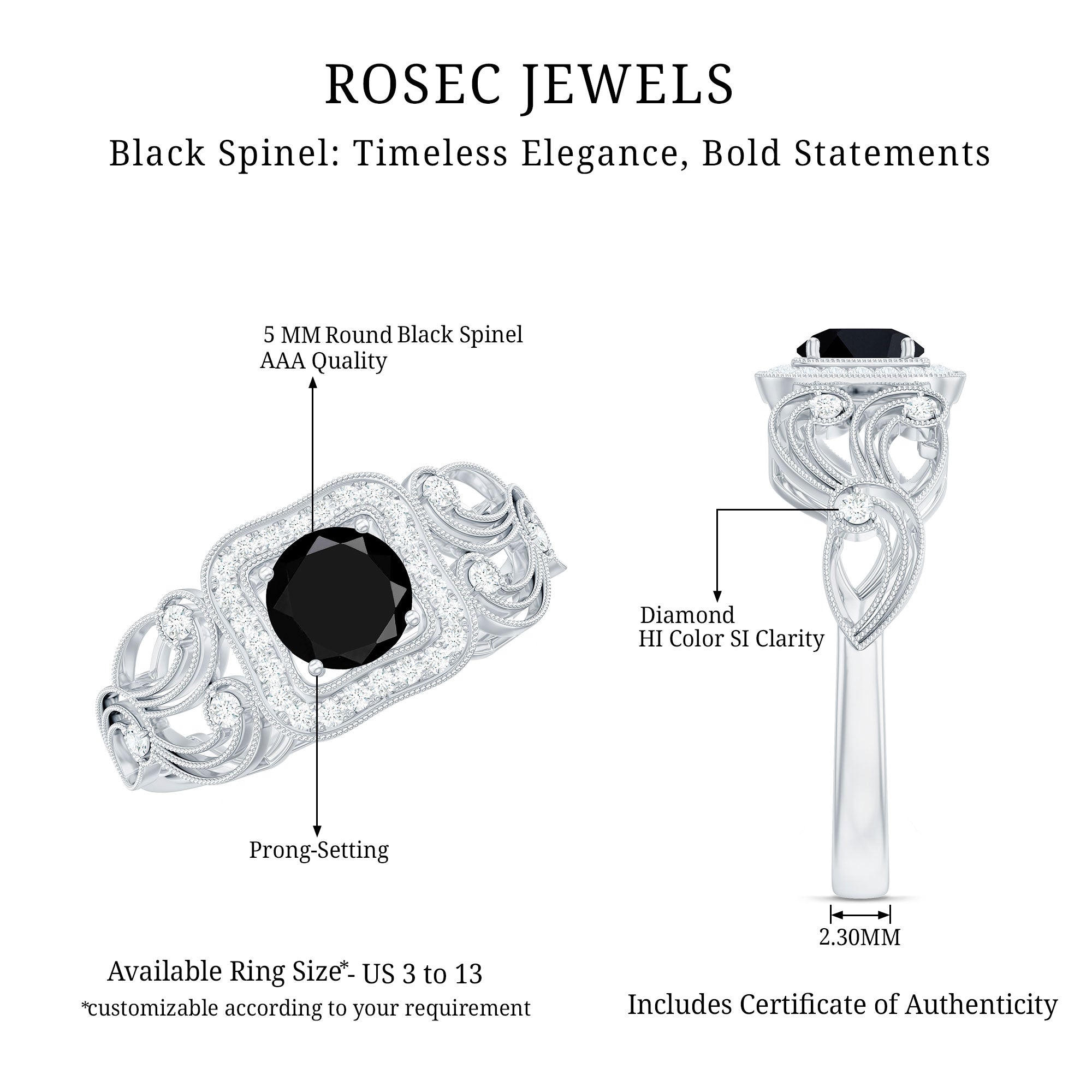 Natural Black Spinel Retro Engagement Ring with Diamond AAA - Rosec Jewels