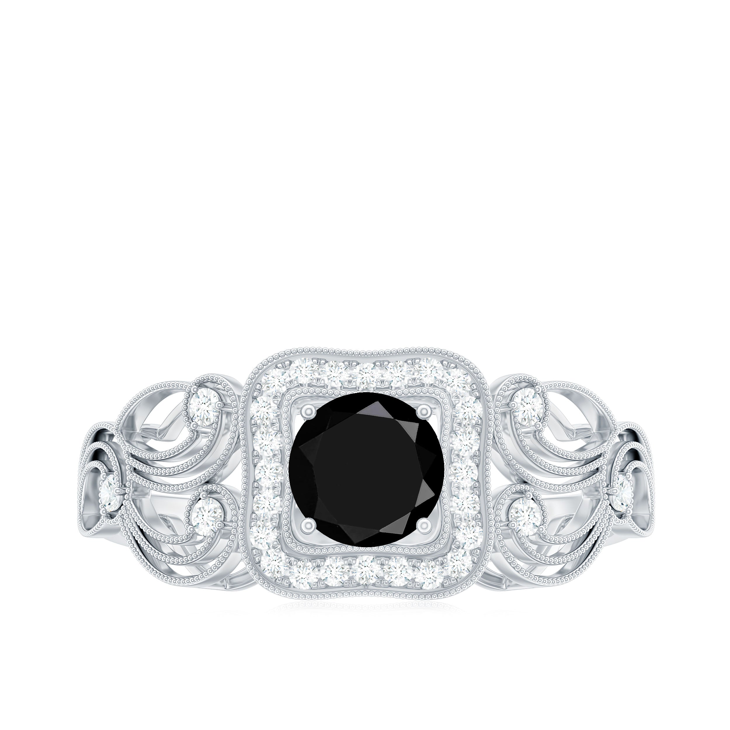 Natural Black Spinel Retro Engagement Ring with Diamond AAA - Rosec Jewels