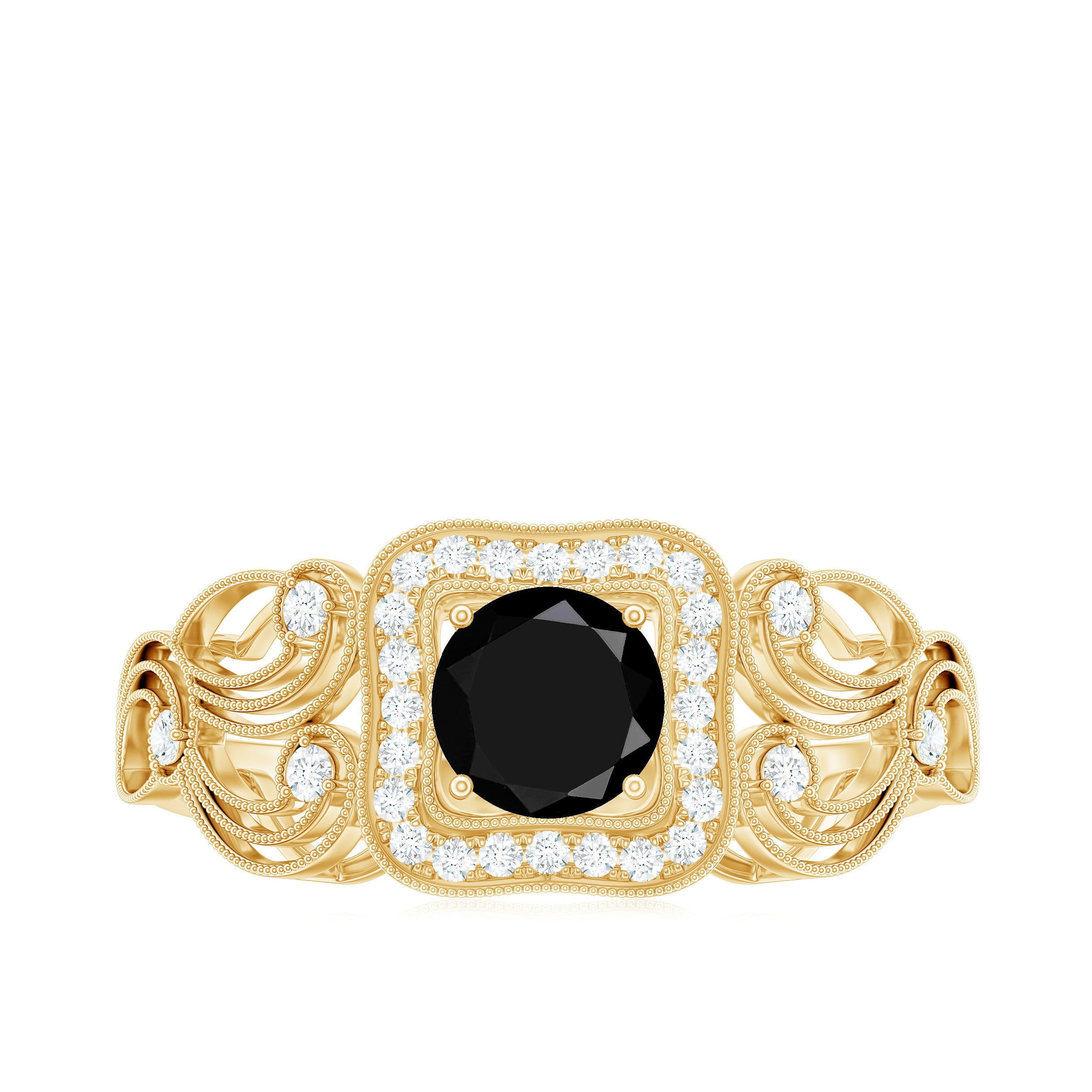 Natural Black Spinel Retro Engagement Ring with Diamond AAA - Rosec Jewels