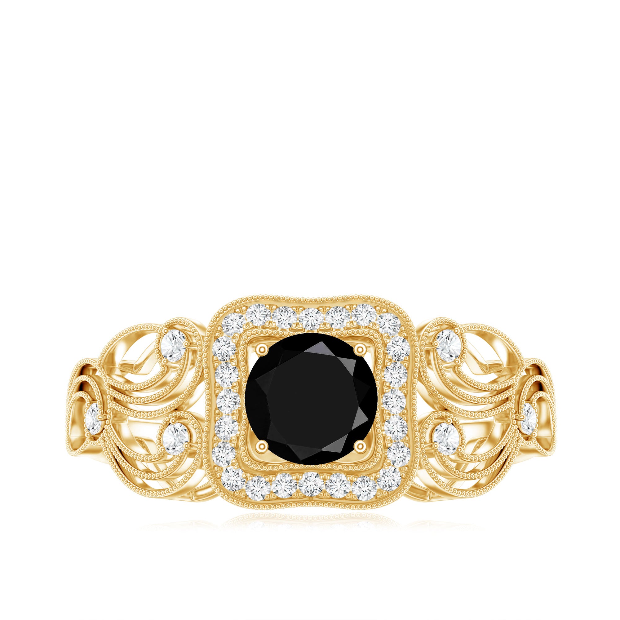 Natural Black Spinel Retro Engagement Ring with Diamond AAA - Rosec Jewels