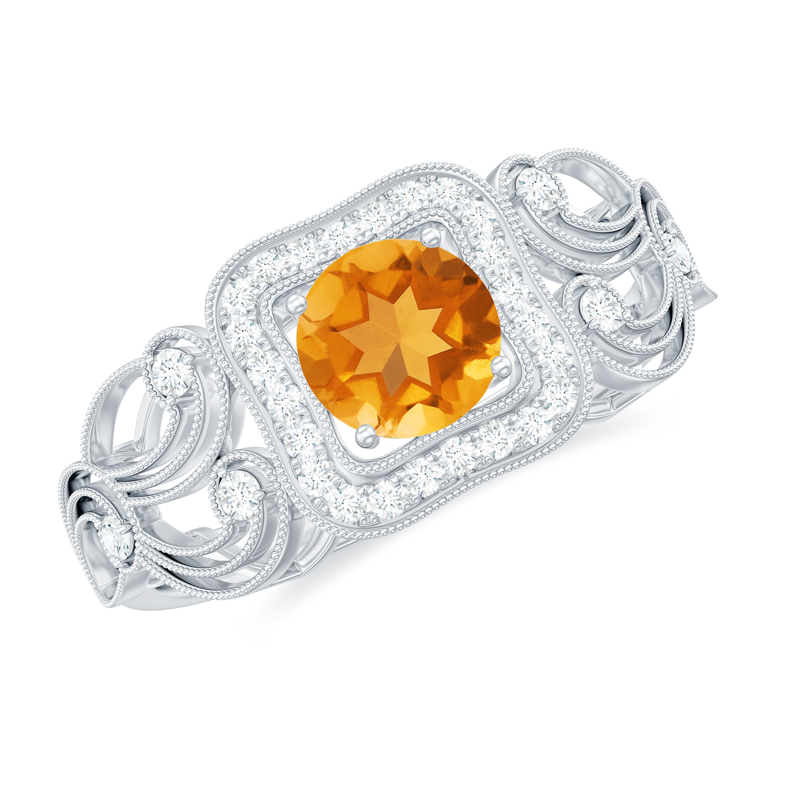 Vintage Citrine and Diamond Milgrain Engagement Ring