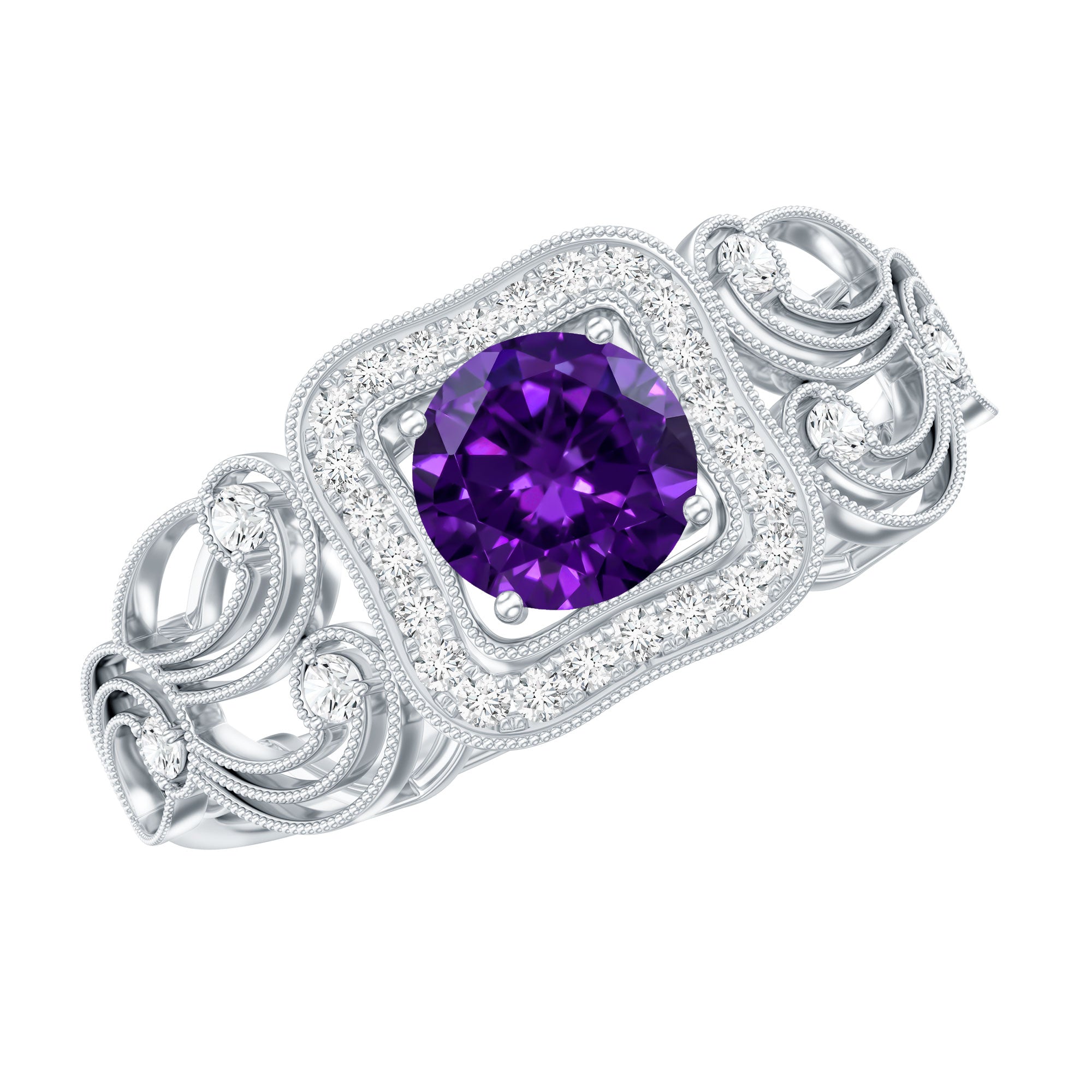 Vintage Inspired Real Amethyst Engagement Ring with Diamond AAA - Rosec Jewels