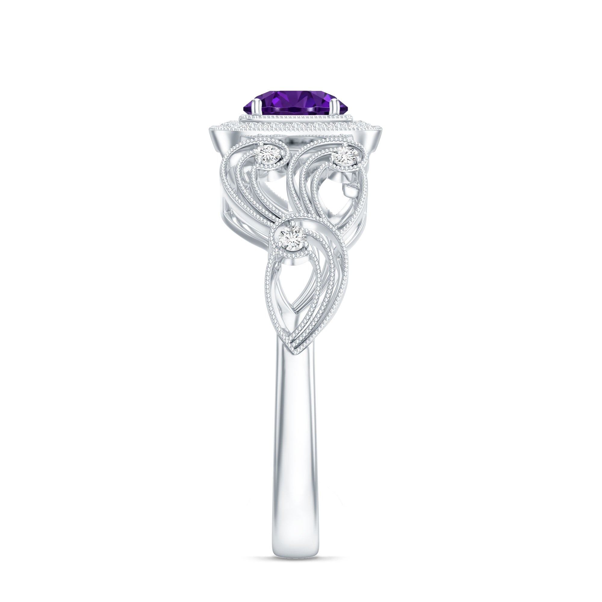 Vintage Inspired Real Amethyst Engagement Ring with Diamond AAA - Rosec Jewels