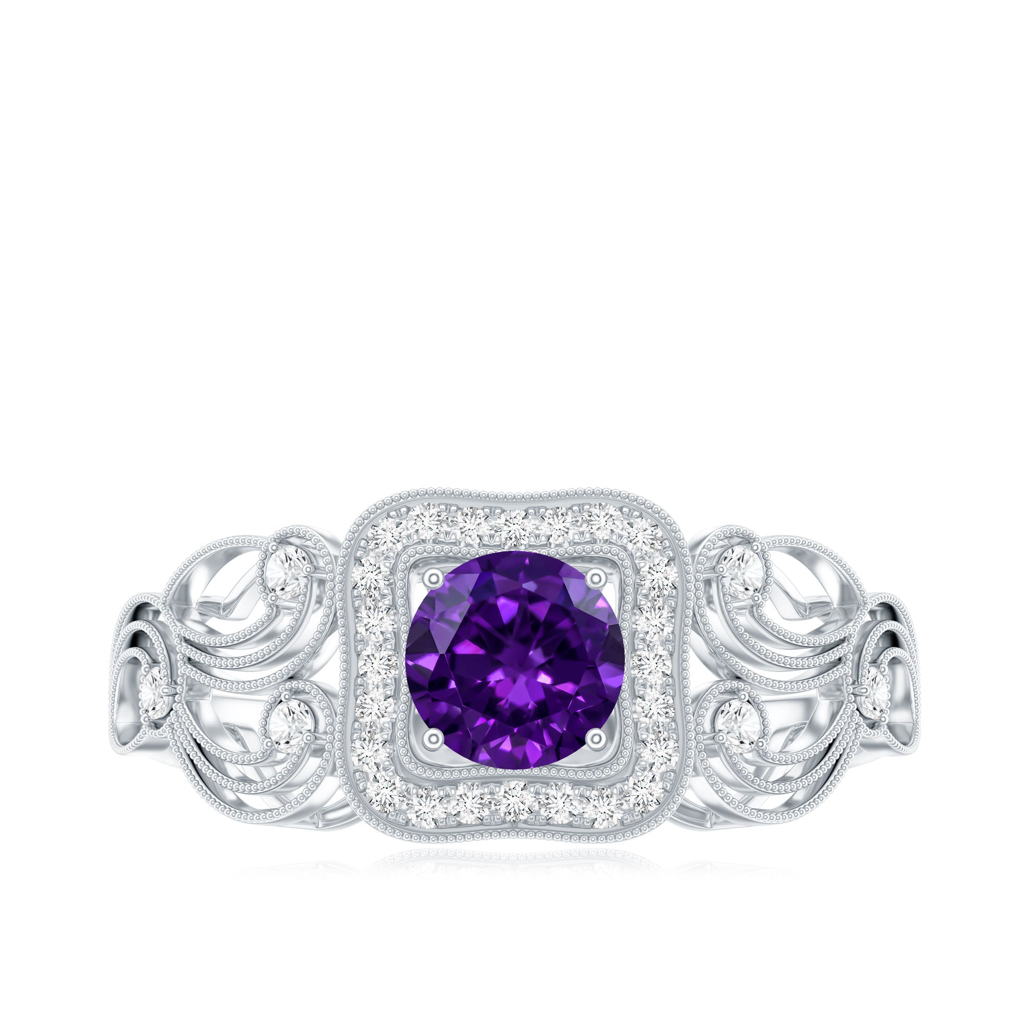 Vintage Inspired Real Amethyst Engagement Ring with Diamond AAA - Rosec Jewels