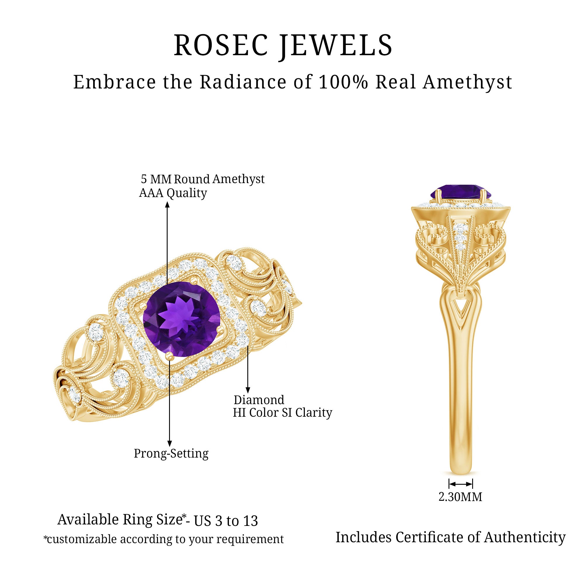 Vintage Inspired Real Amethyst Engagement Ring with Diamond AAA - Rosec Jewels