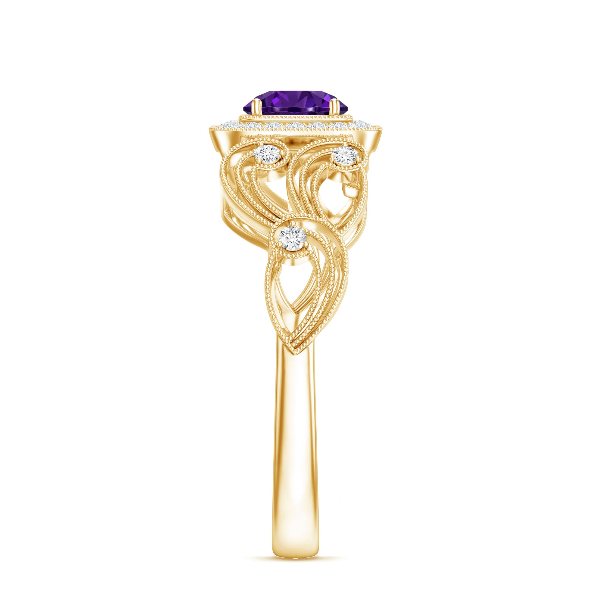 Vintage Inspired Real Amethyst Engagement Ring with Diamond AAA - Rosec Jewels