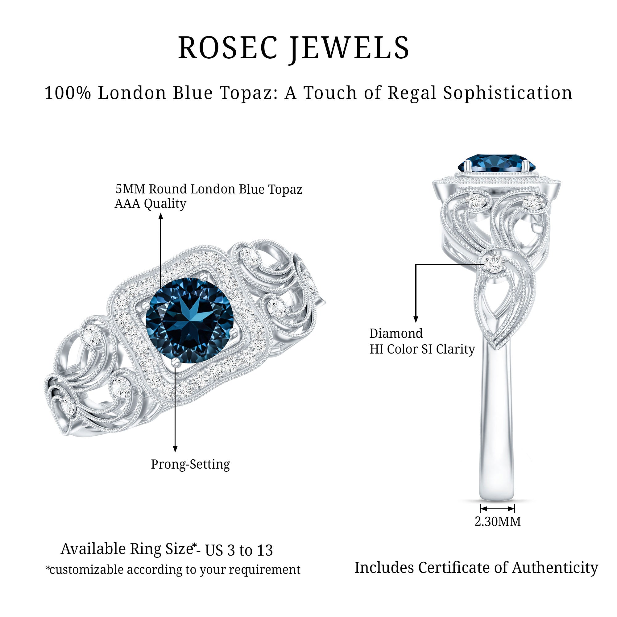 Certified London Blue Topaz Art Deco Engagement Ring with Diamond Halo AAA - Rosec Jewels
