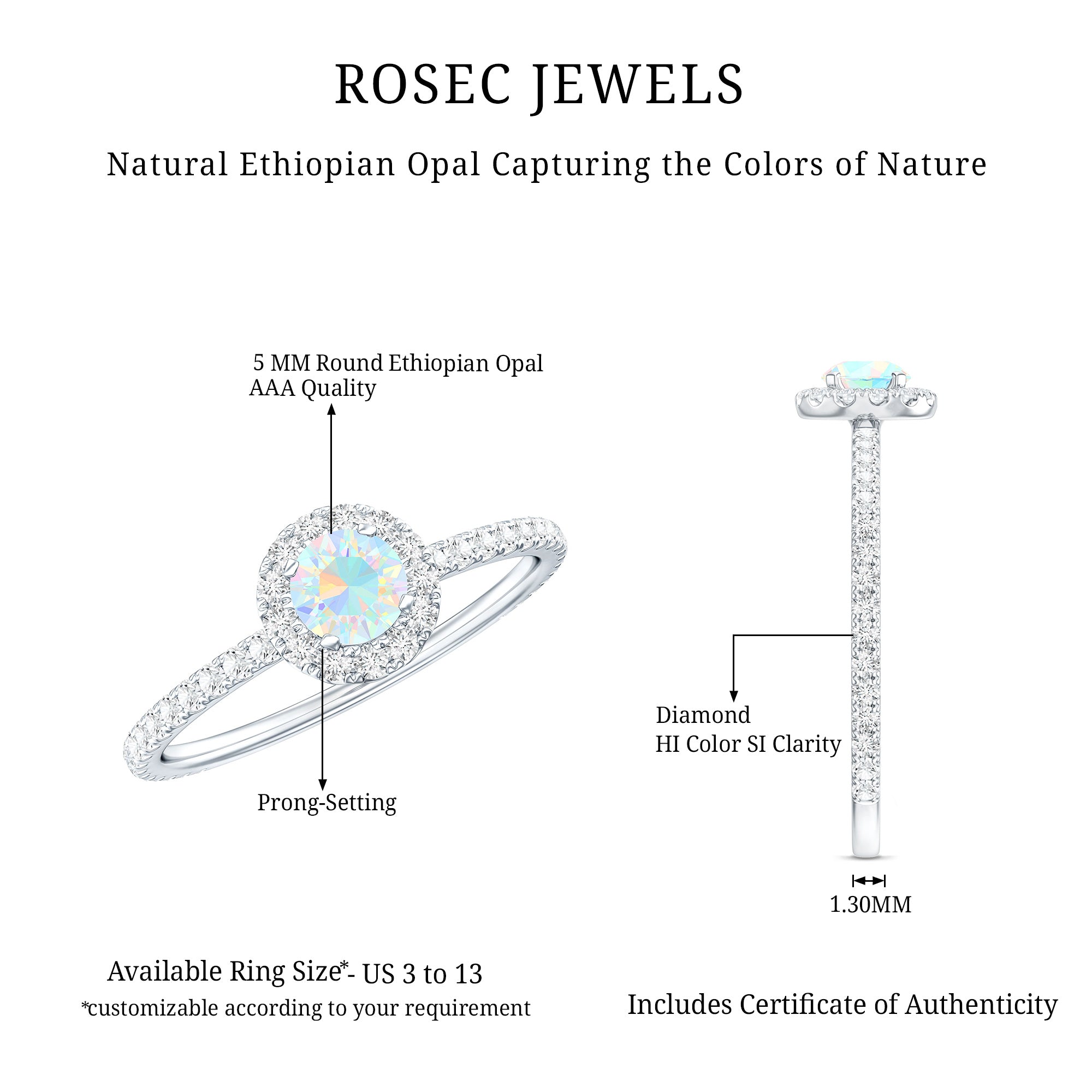 Natural Opalescent Promise Engagement Ring with Diamond Halo AAA - Rosec Jewels