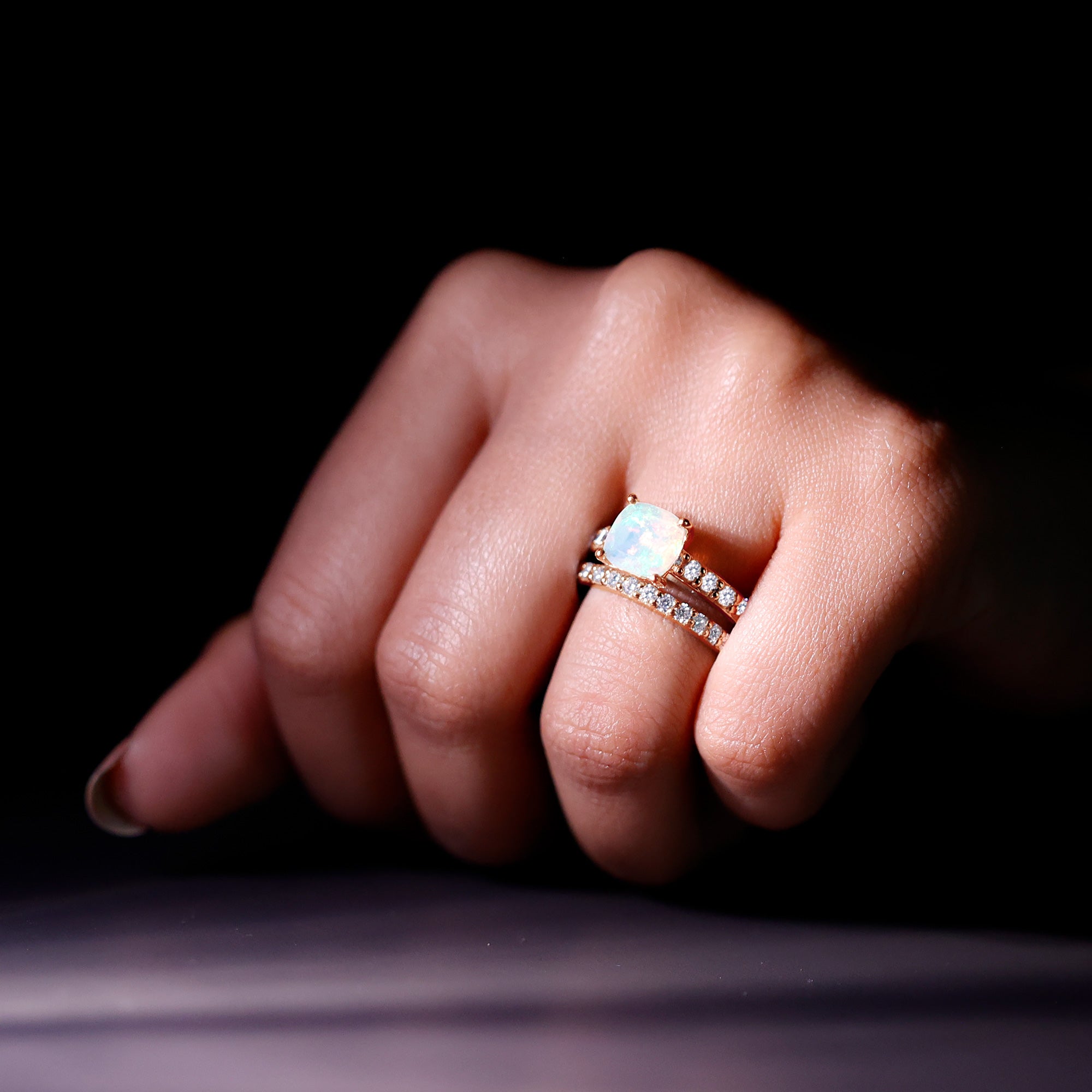 Certified Natural Ethiopian Opal Cushion Cut Engagement Ring with Wedding Band AAA - Rosec Jewels