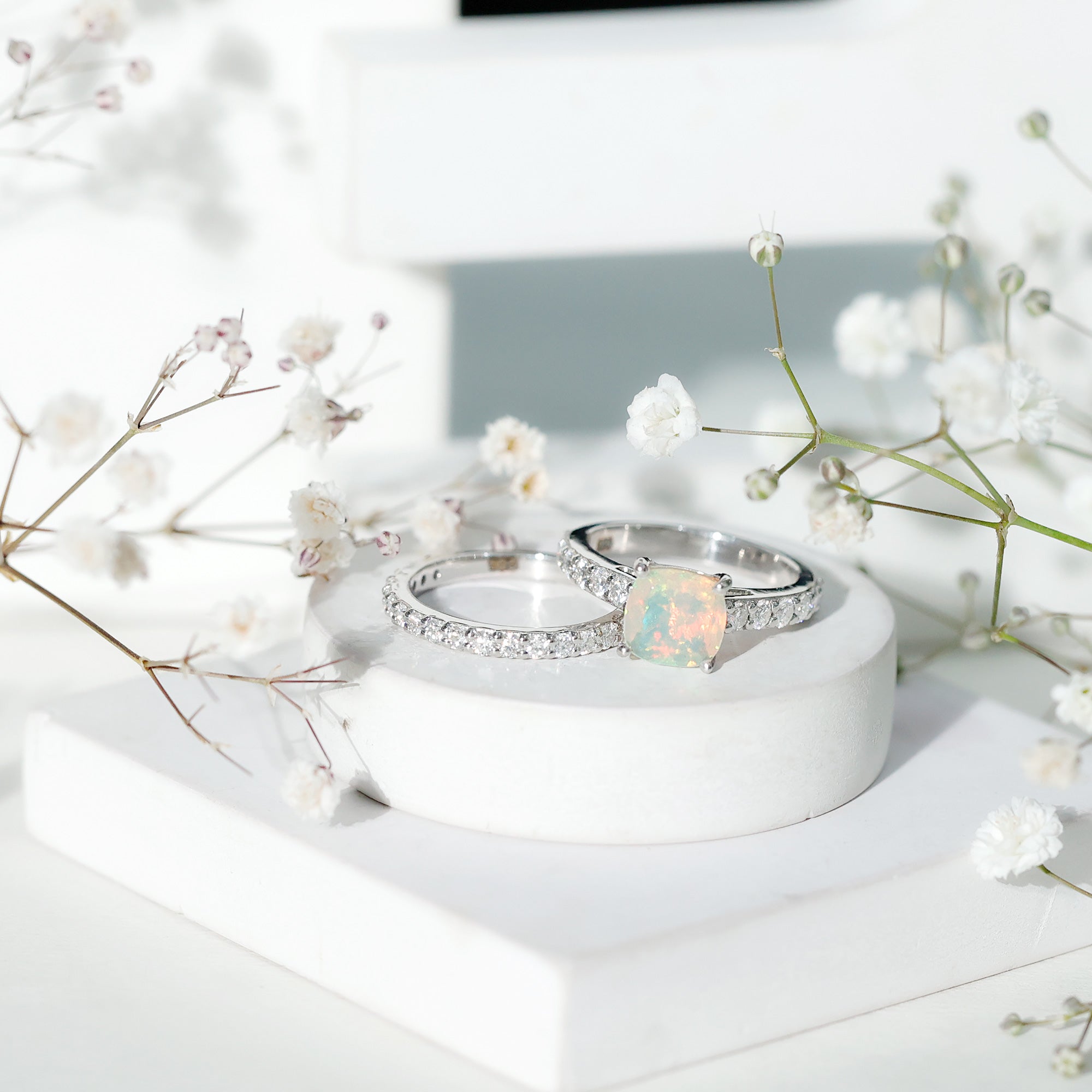 Certified Natural Ethiopian Opal Cushion Cut Engagement Ring with Wedding Band AAA - Rosec Jewels