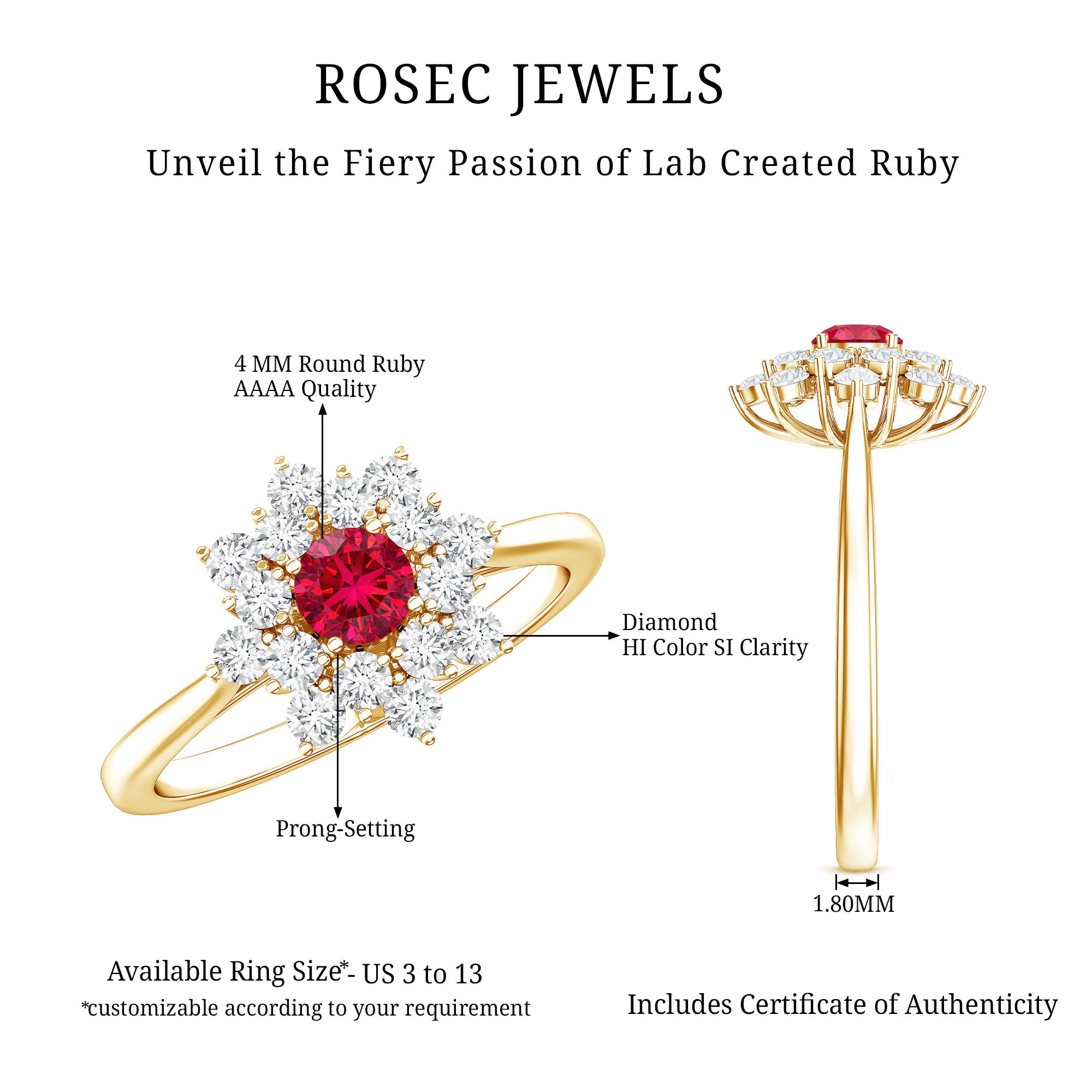 Lab Grown Ruby and Diamond Flower Cluster Engagement Ring AAAA - Rosec Jewels
