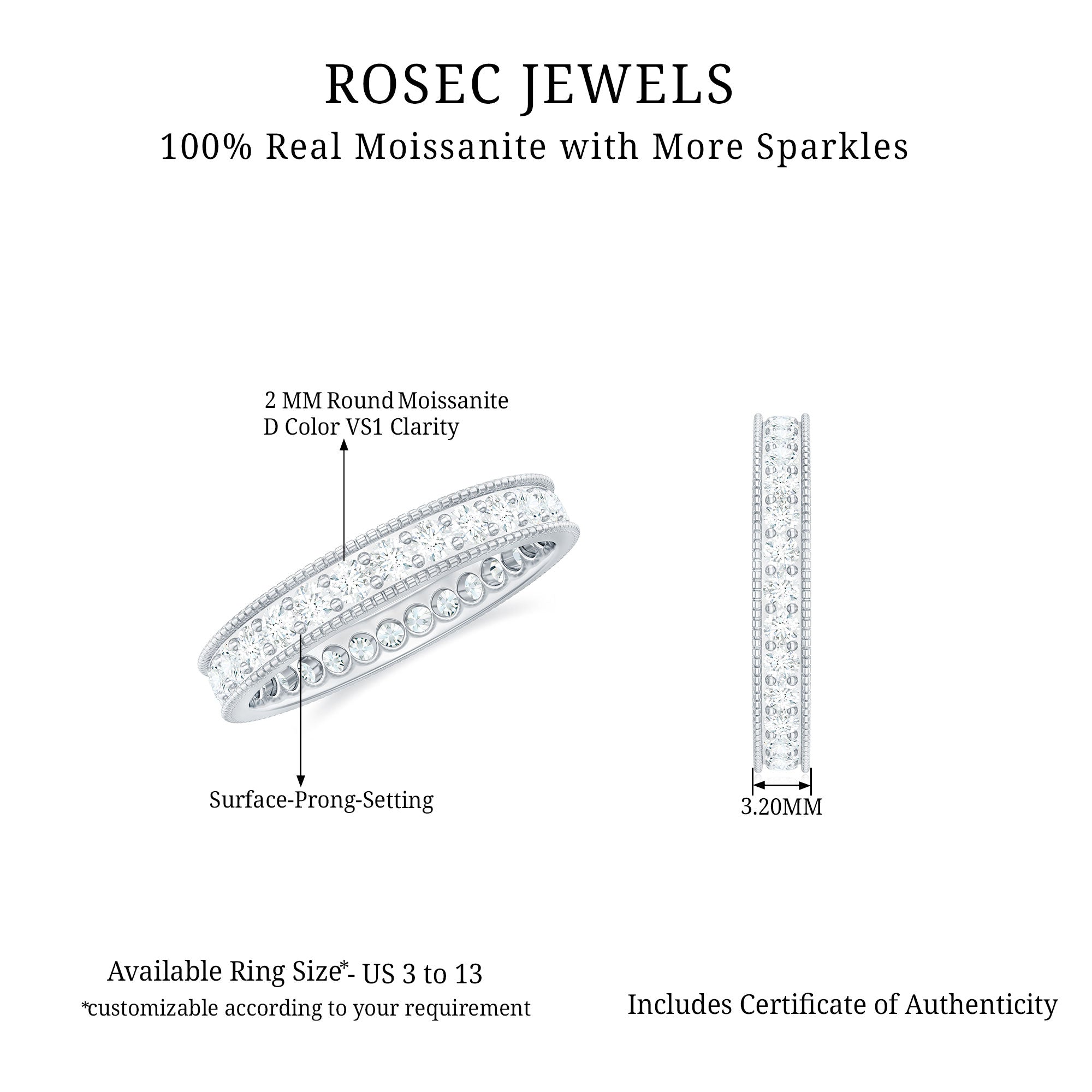 Moissanite Band Ring with Milgrain Detailing D-VS1 - Rosec Jewels