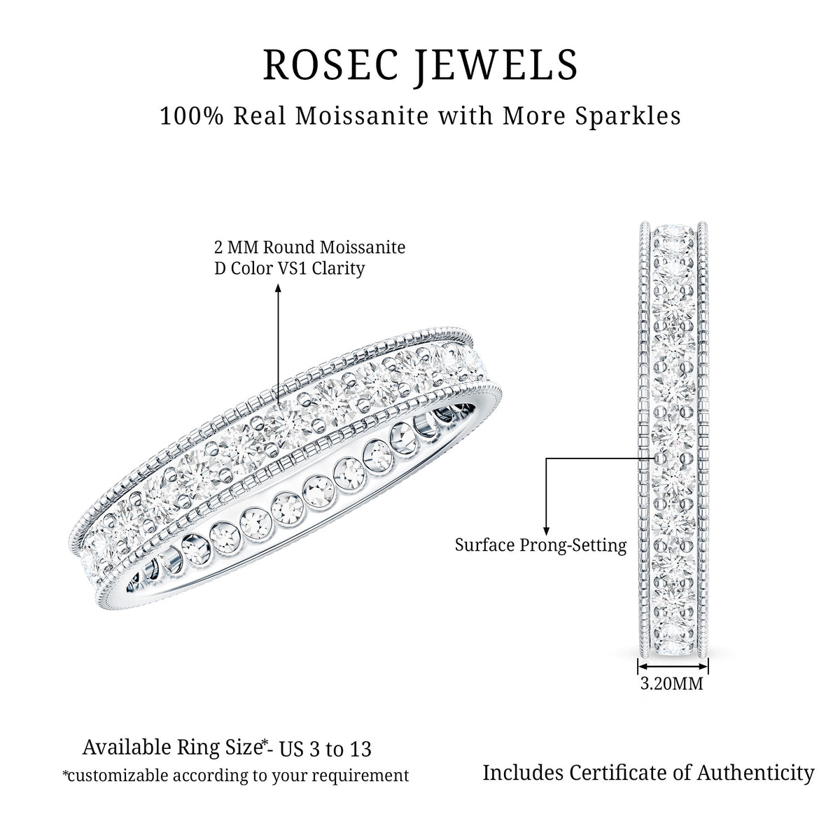 Moissanite Band Ring with Milgrain Detailing D-VS1 - Rosec Jewels