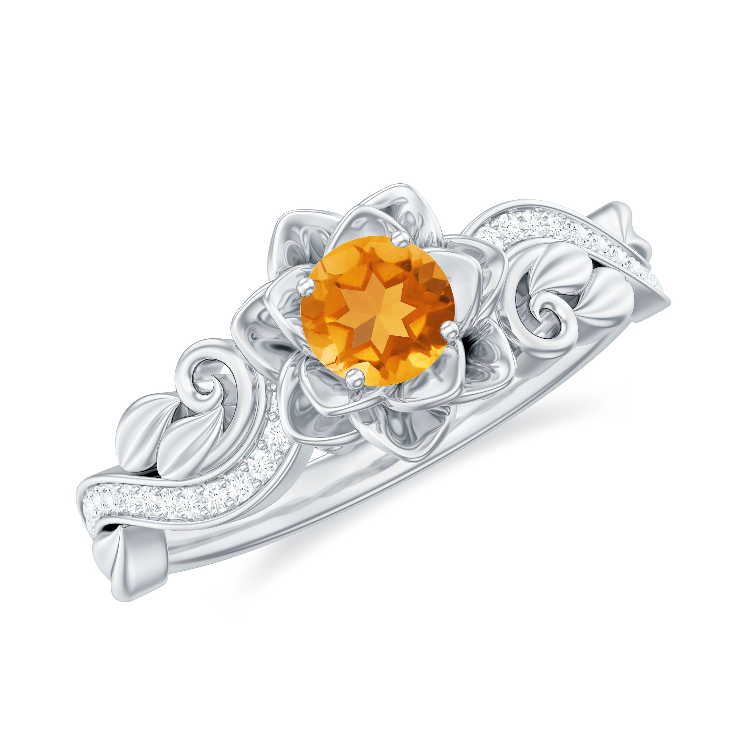 Flower Inspired Natural Citrine and Diamond Engagement Ring