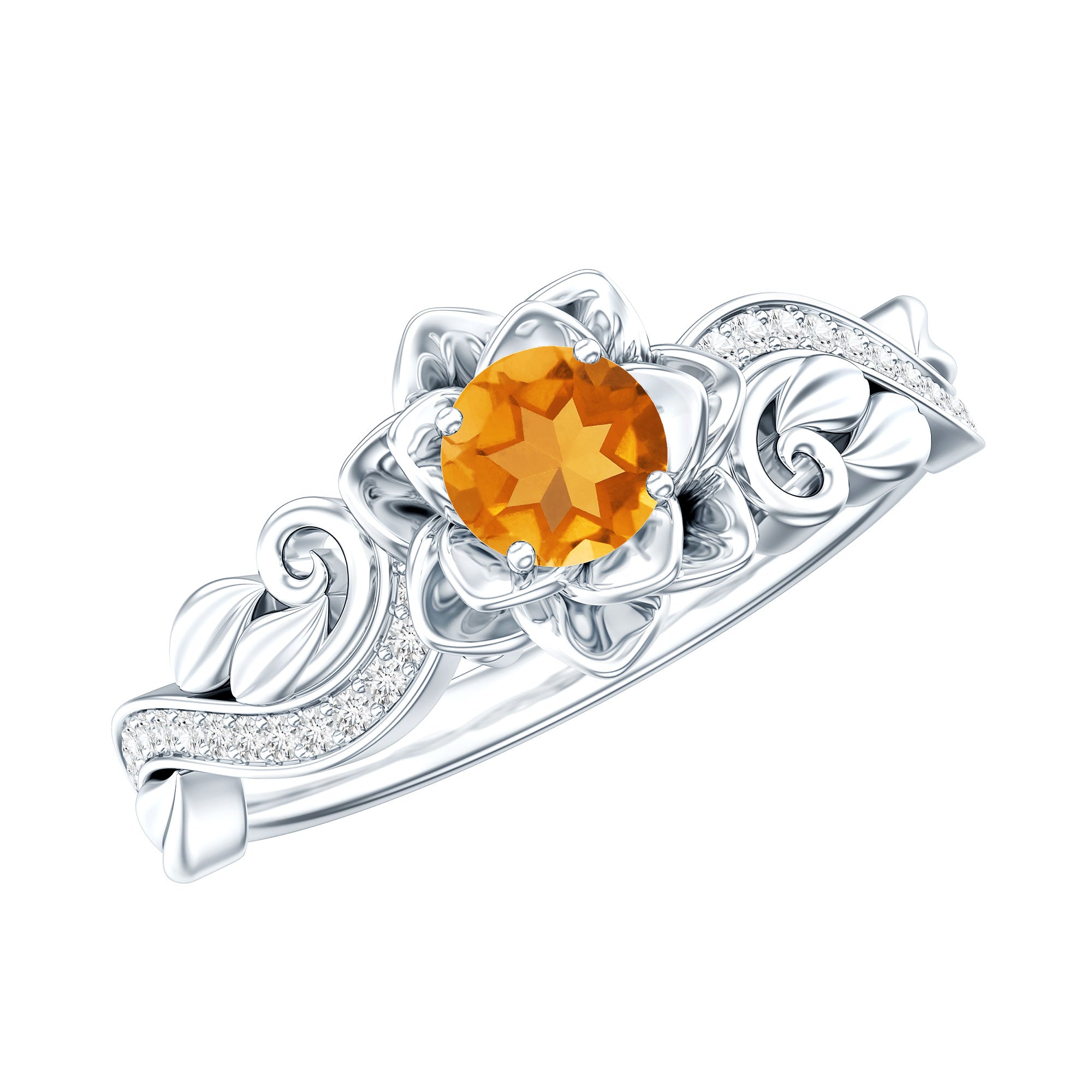 Rosec Jewels-Nature Inspired Citrine Flower Engagement Ring with Diamond
