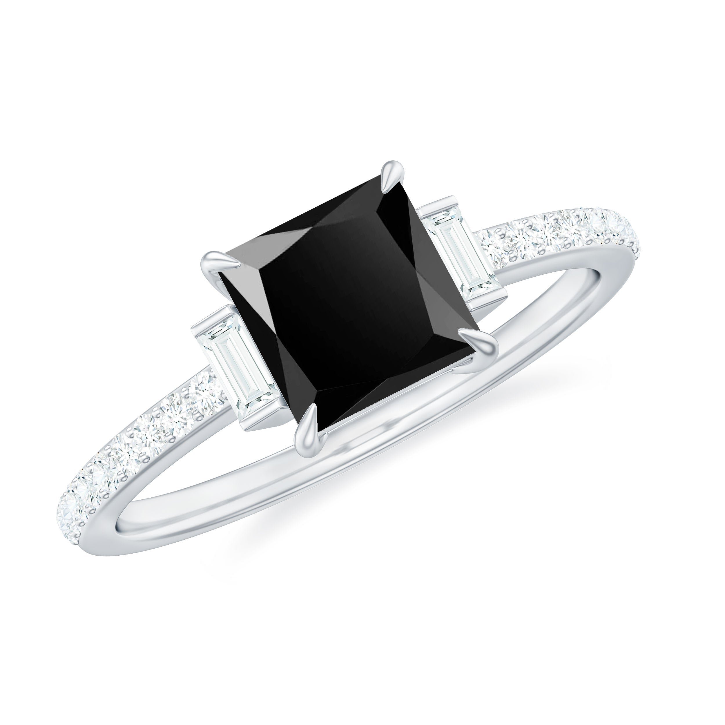 Princess Cut Created Black Diamond Solitaire Ring with Diamond Side Stones