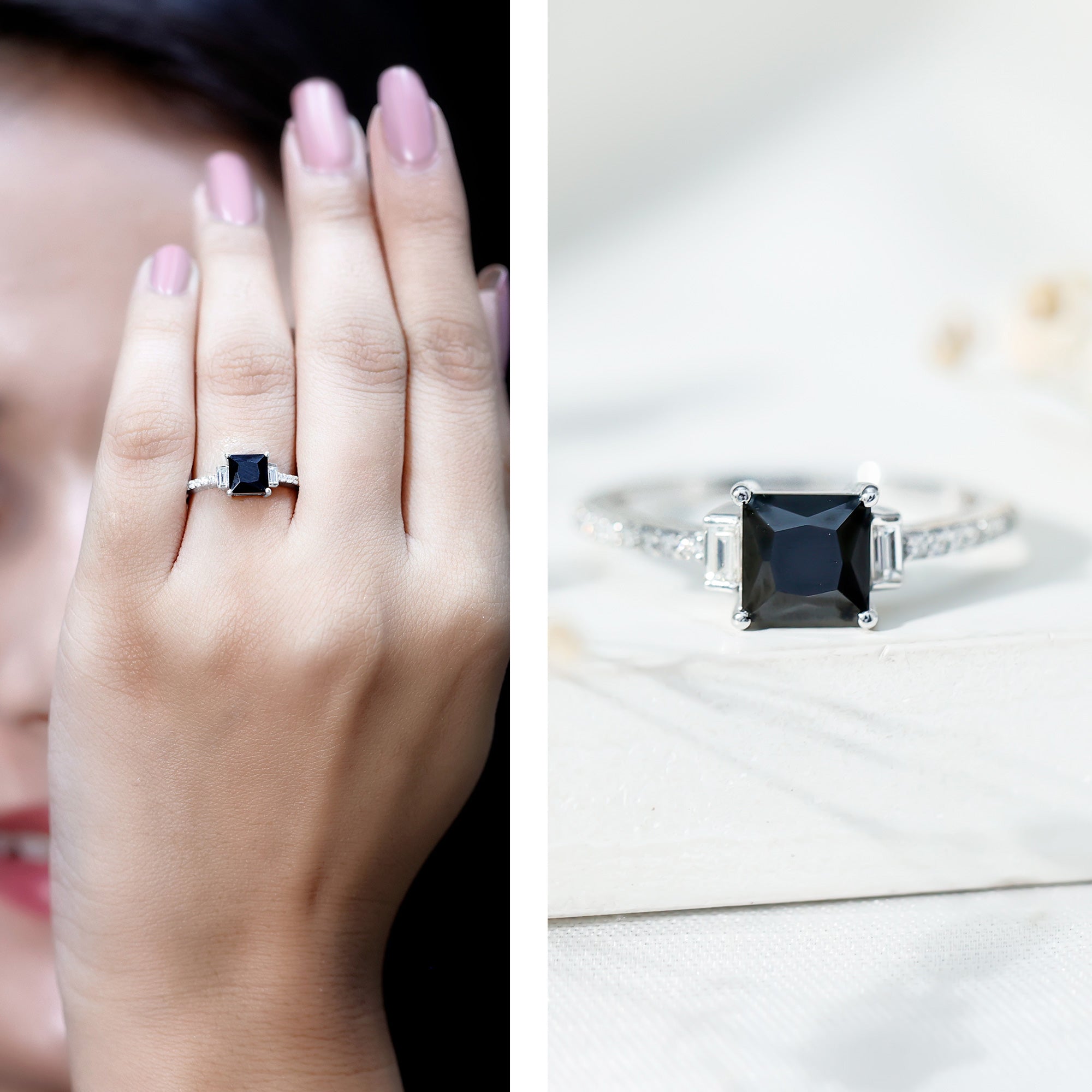 Certified 1 Carat Lab Grown Black and White Diamond Princess Cut Solitaire Engagement Ring AAAA ( Synthetic ) - Rosec Jewels