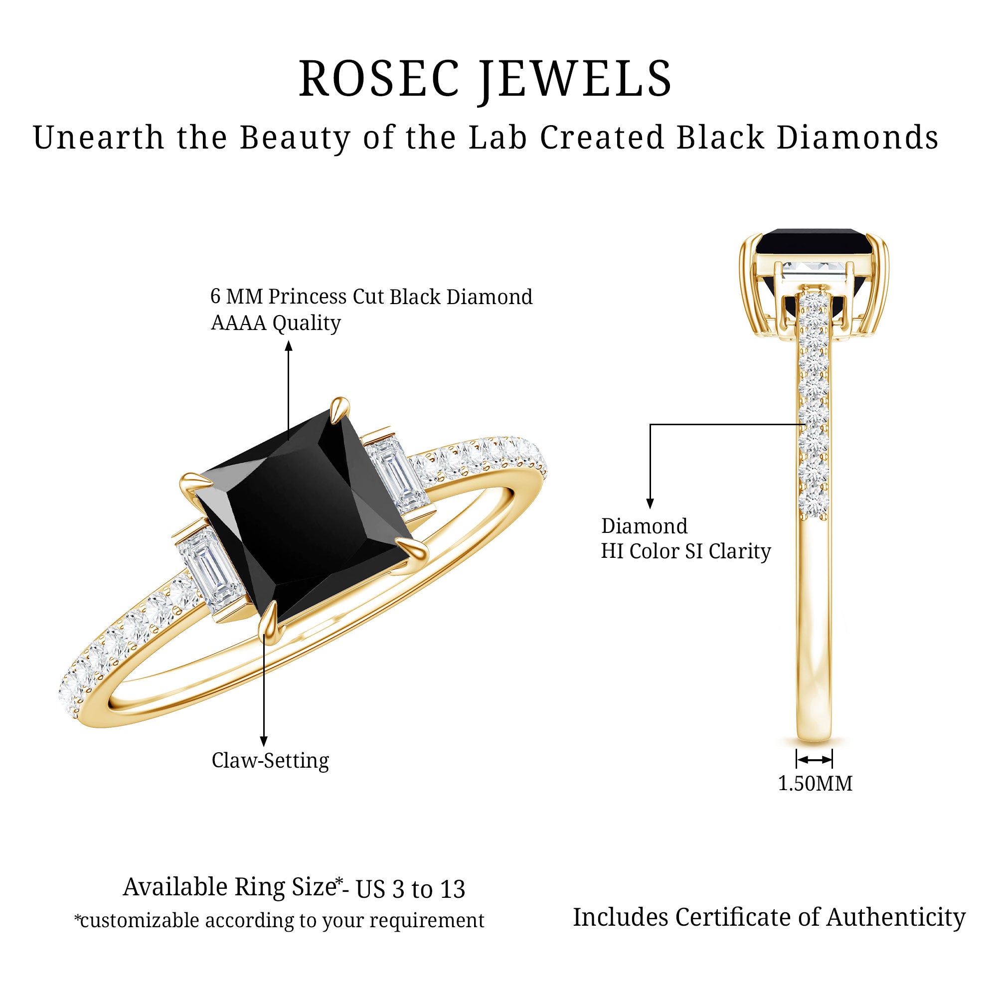 Certified 1 Carat Lab Grown Black and White Diamond Princess Cut Solitaire Engagement Ring AAAA ( Synthetic ) - Rosec Jewels