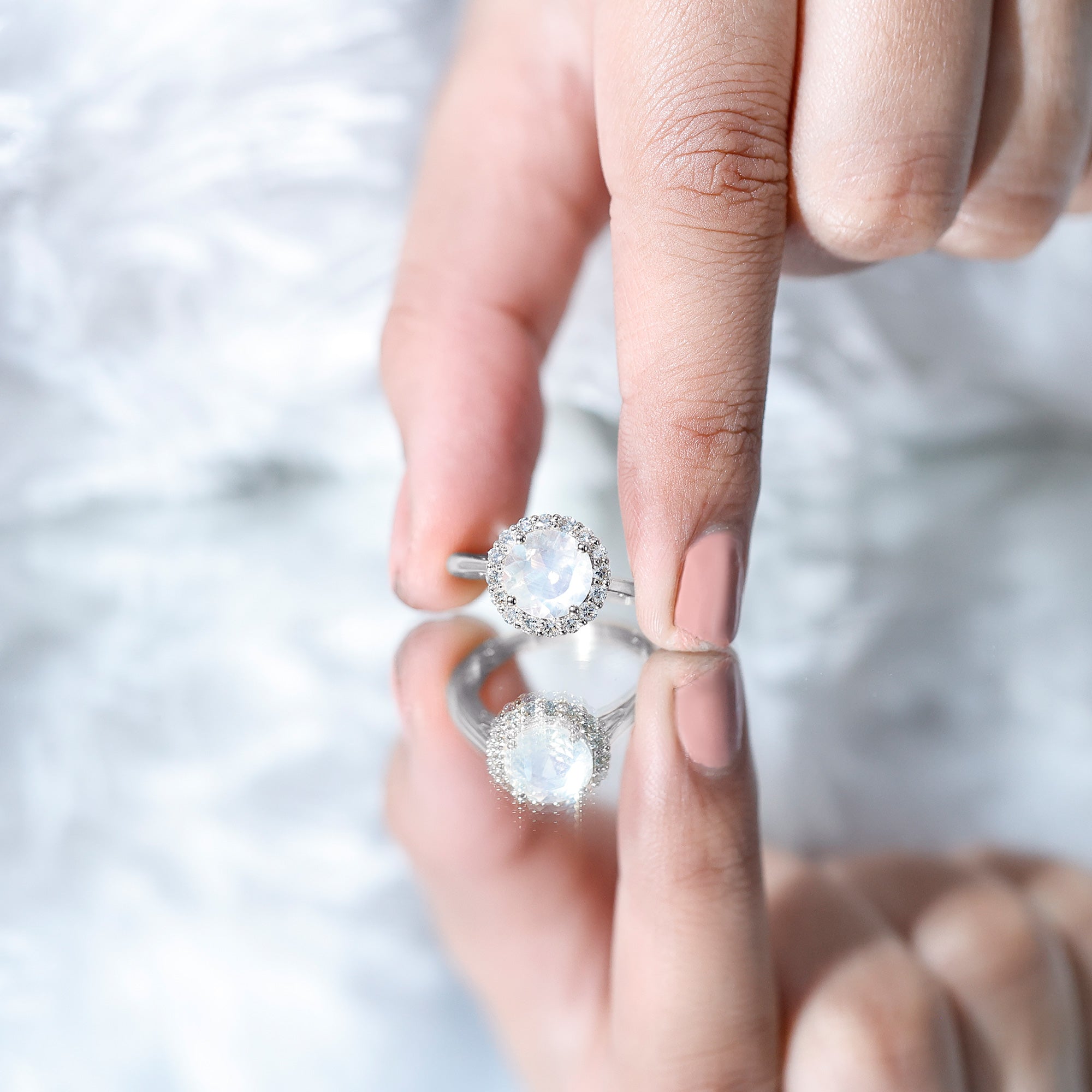 0.8 CT Round Moonstone Halo Engagement Ring with Diamond AAA - Rosec Jewels