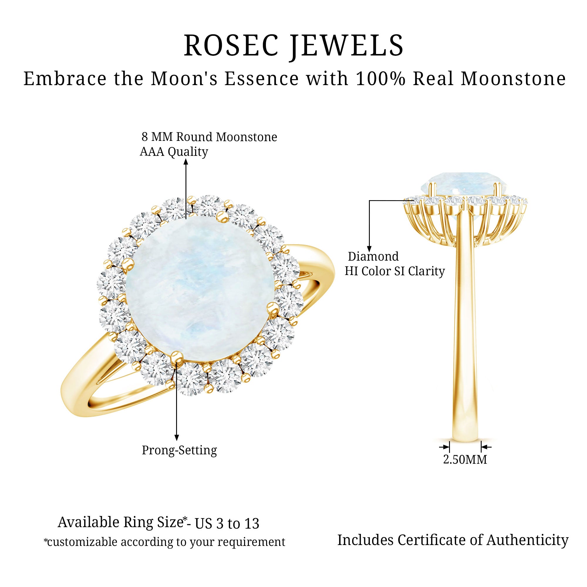 0.8 CT Round Moonstone Halo Engagement Ring with Diamond AAA - Rosec Jewels