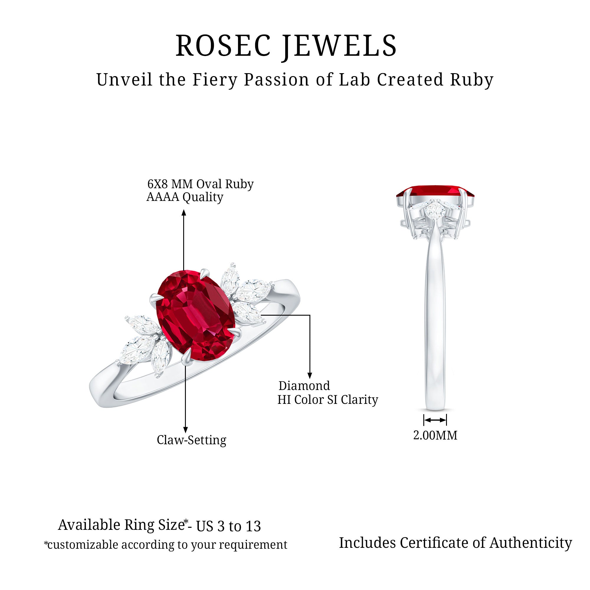 2 CT Claw Set Oval Created Ruby Solitaire and Marquise Diamond Trio Ring AAAA - Rosec Jewels