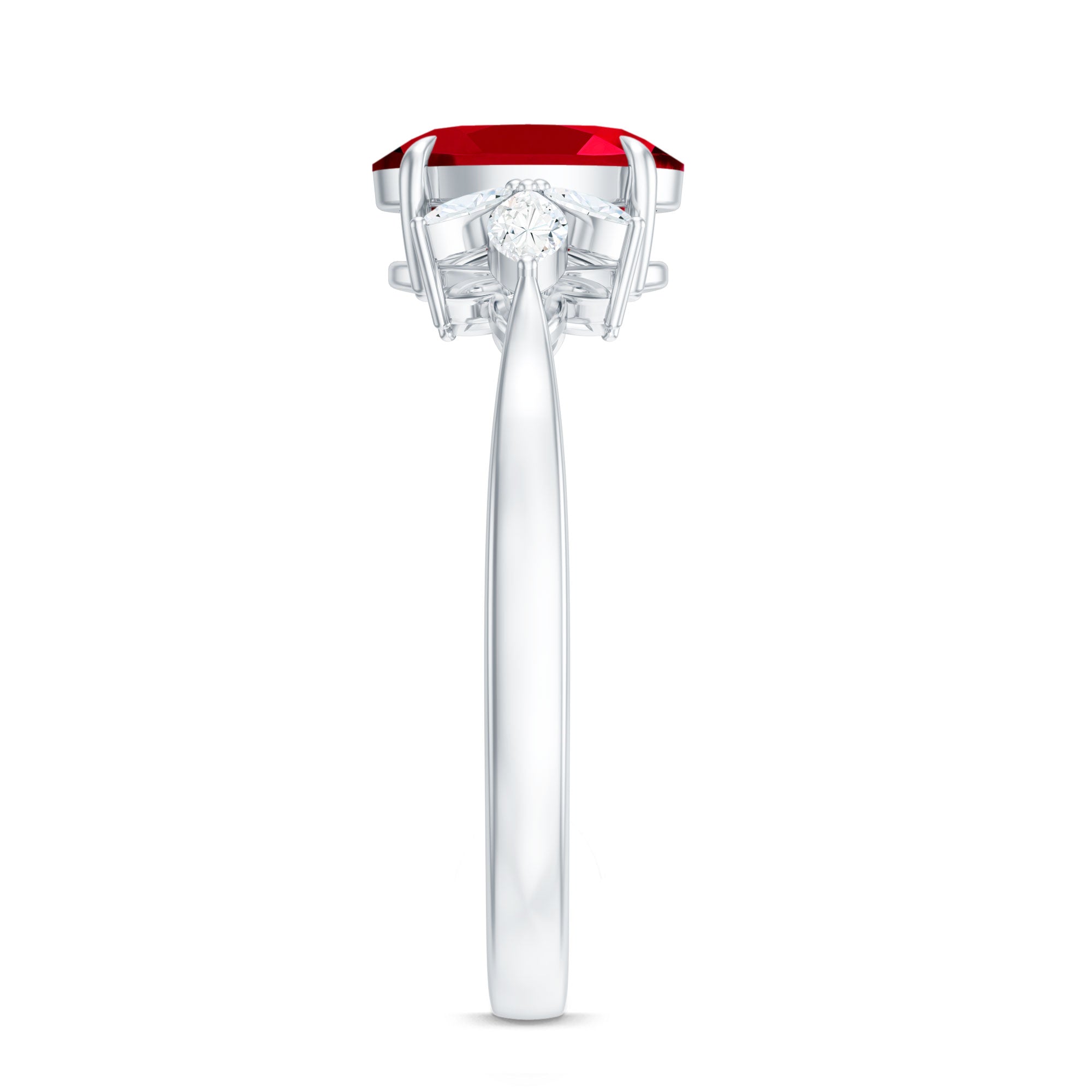2 CT Claw Set Oval Created Ruby Solitaire and Marquise Diamond Trio Ring AAAA - Rosec Jewels