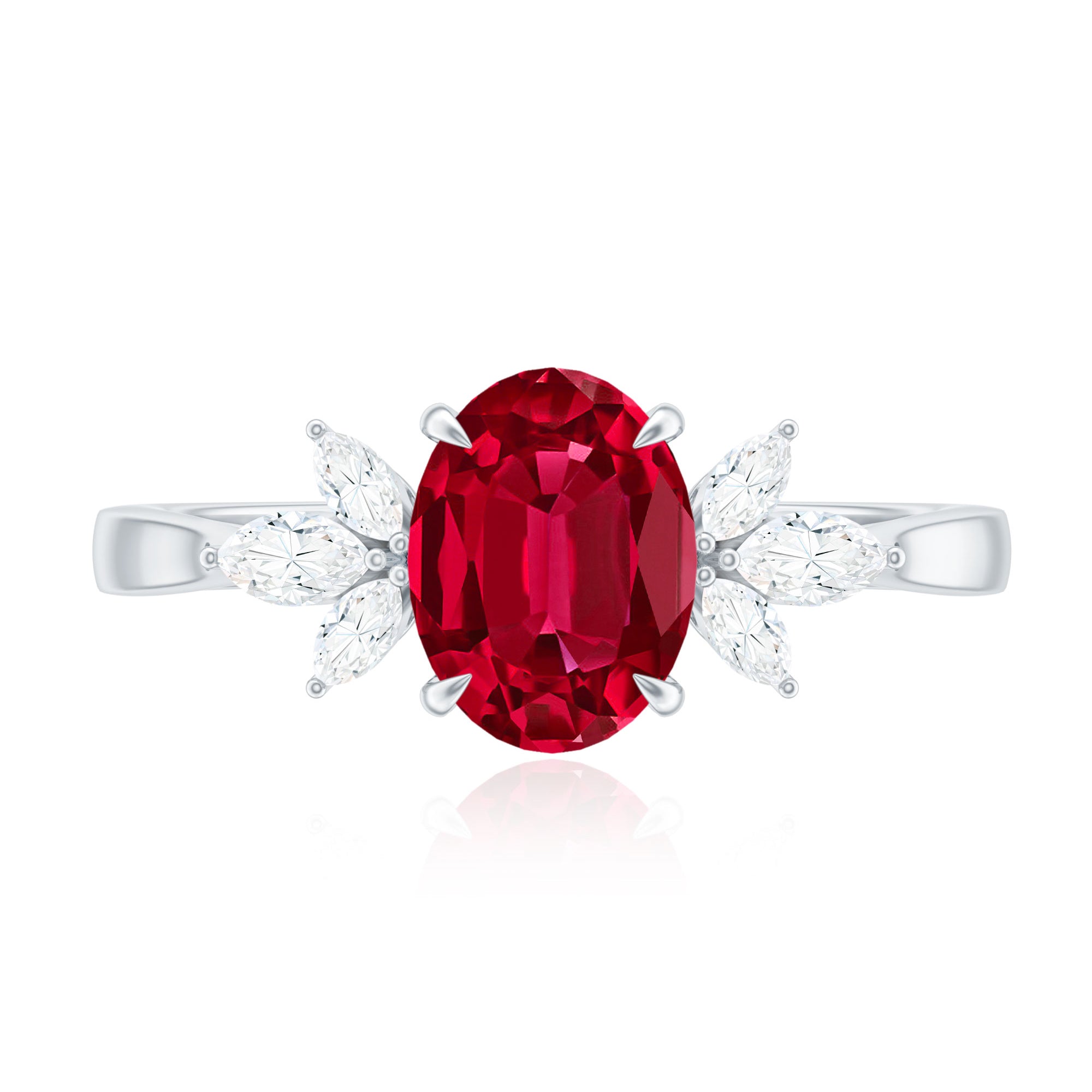 2 CT Claw Set Oval Created Ruby Solitaire and Marquise Diamond Trio Ring AAAA - Rosec Jewels