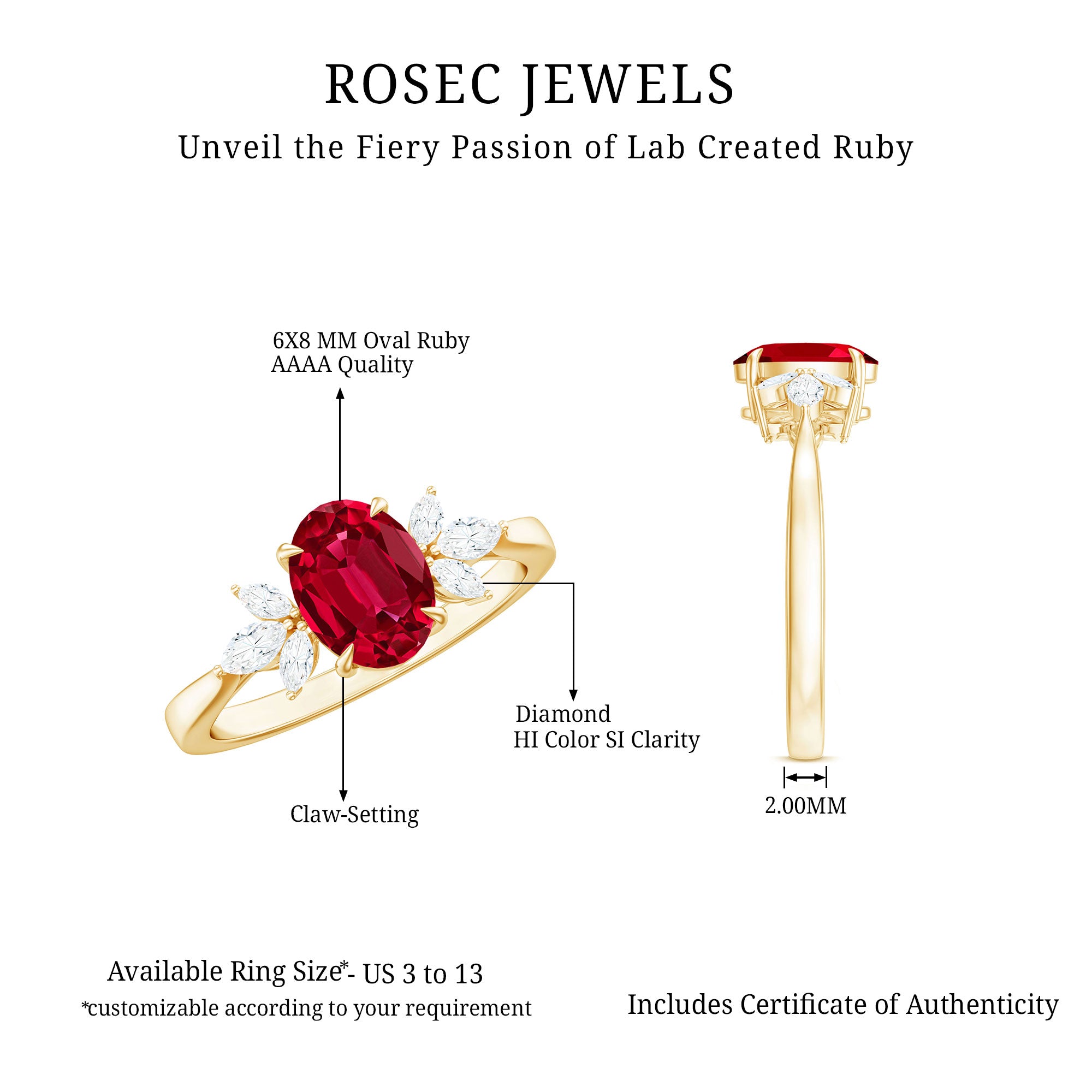 2 CT Claw Set Oval Created Ruby Solitaire and Marquise Diamond Trio Ring AAAA - Rosec Jewels