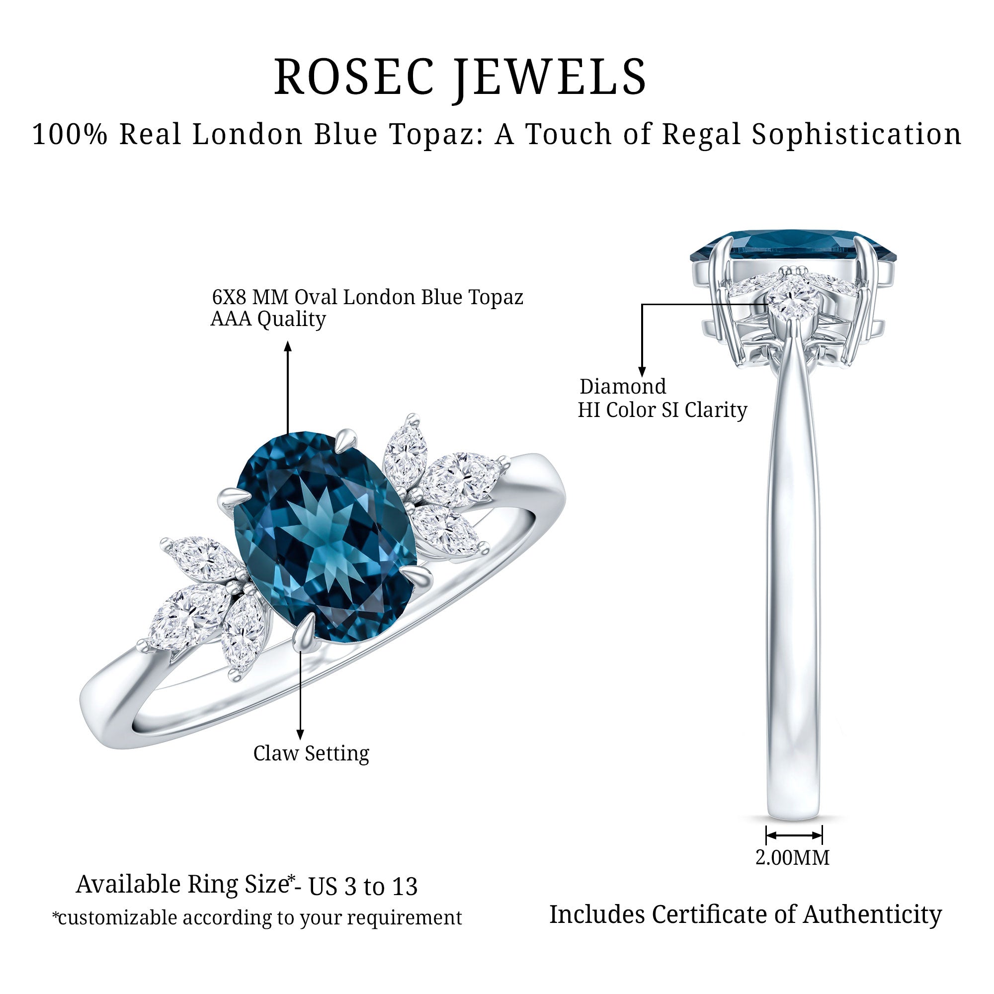 Oval Cut London Blue Topaz Engagement Ring with Diamond Trio AAA - Rosec Jewels