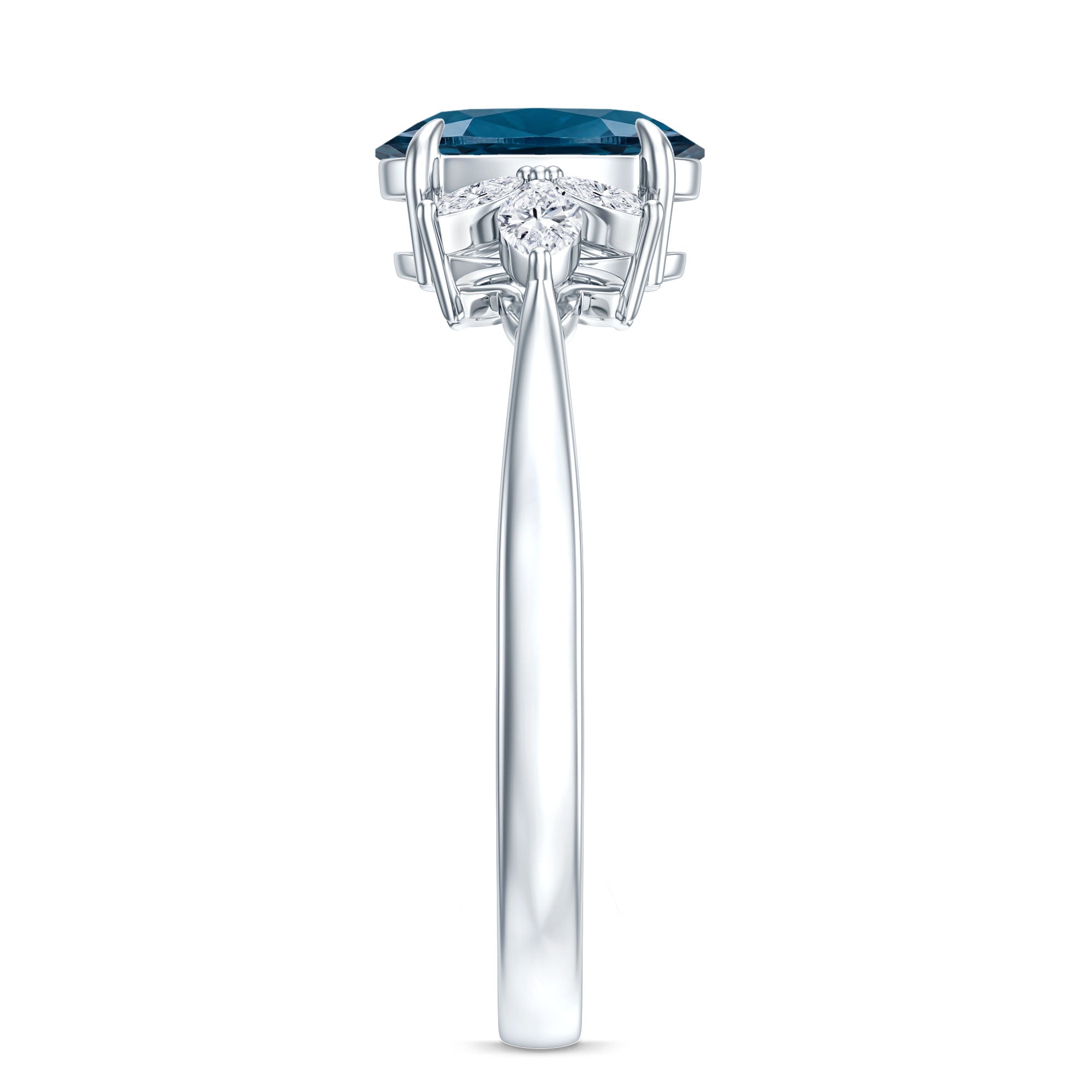 Oval Cut London Blue Topaz Engagement Ring with Diamond Trio AAA - Rosec Jewels