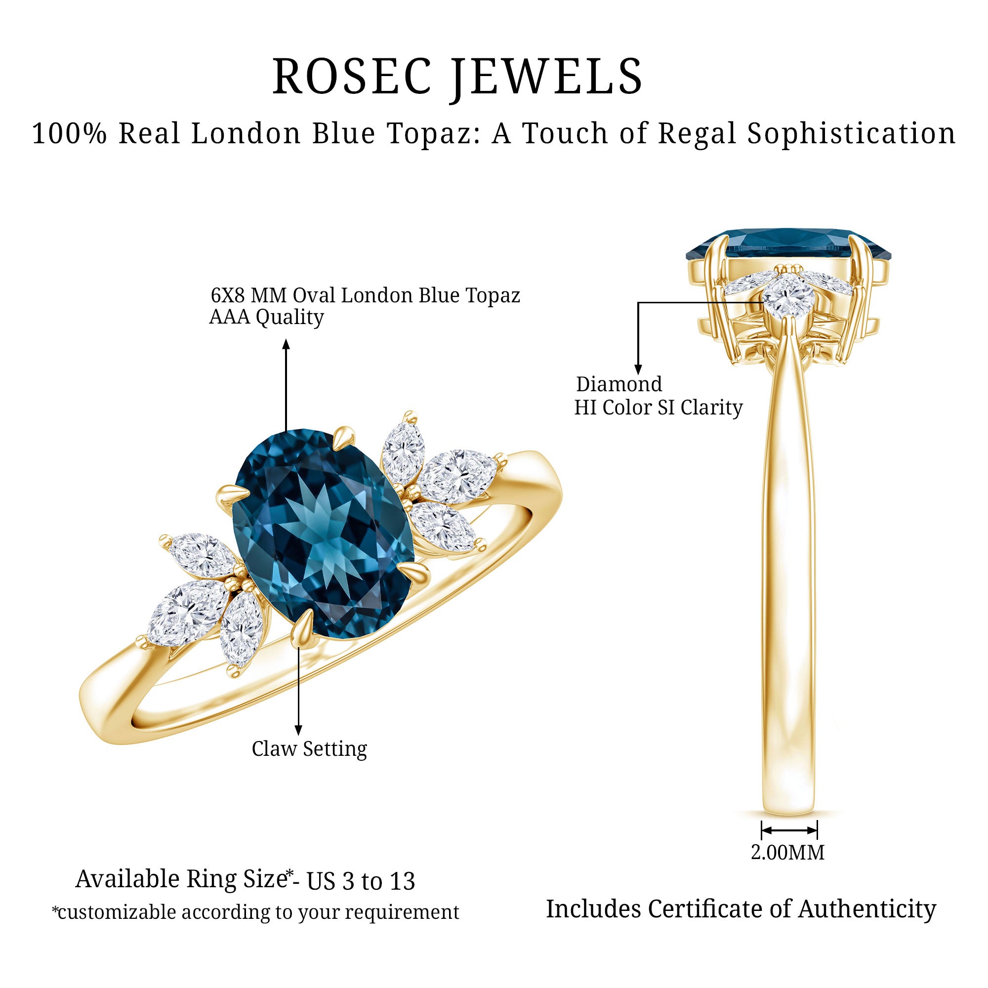 Oval Cut London Blue Topaz Engagement Ring with Diamond Trio AAA - Rosec Jewels