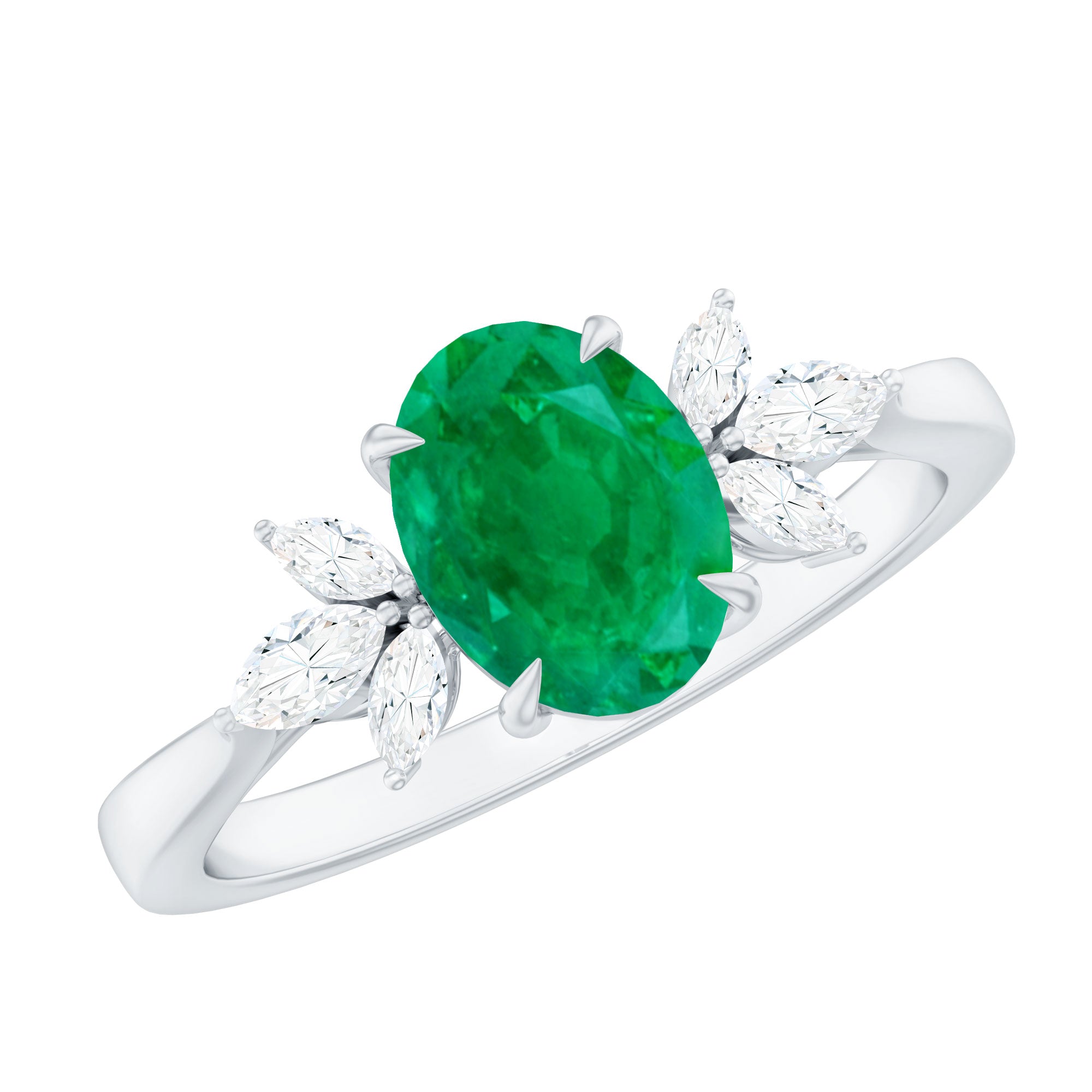 Natural 6X8MM Oval Emerald Engagement Ring with Diamond Trio