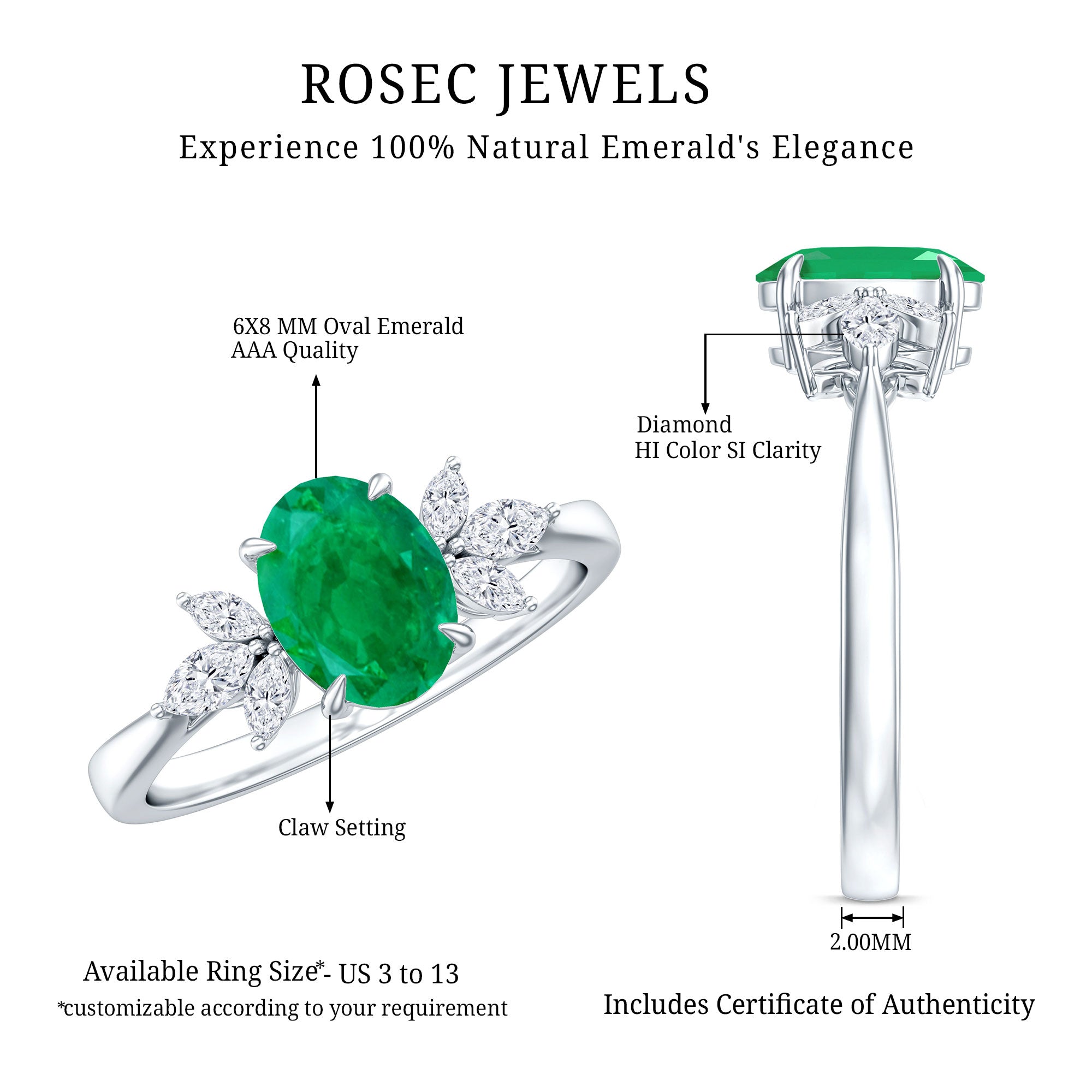 Natural 1.2 Carat Oval Emerald Engagement Ring with Diamond Trio AAA - Rosec Jewels