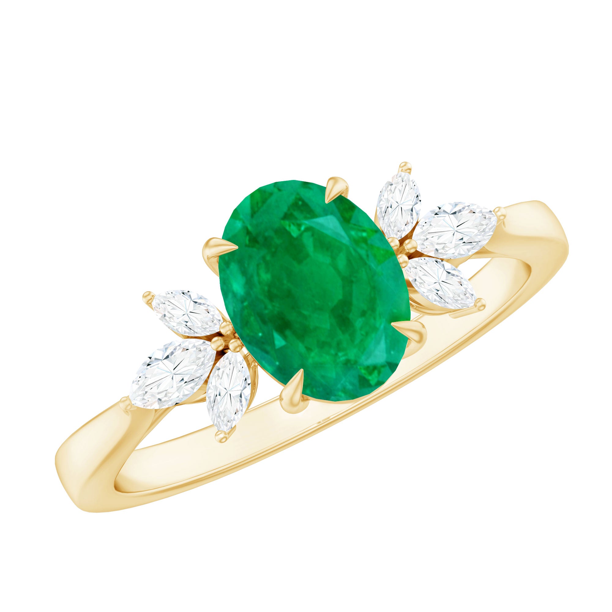 Natural 6X8MM Oval Emerald Engagement Ring with Diamond Trio AAA - Rosec Jewels
