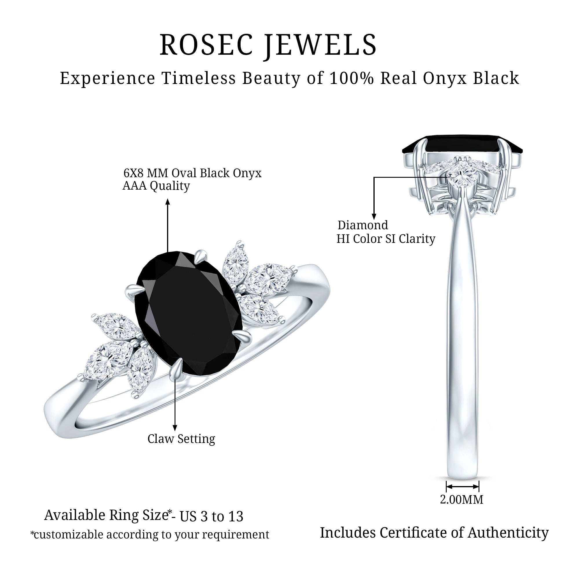 Oval Cut Black Onyx Engagement Ring with Diamond Trio AAA - Rosec Jewels