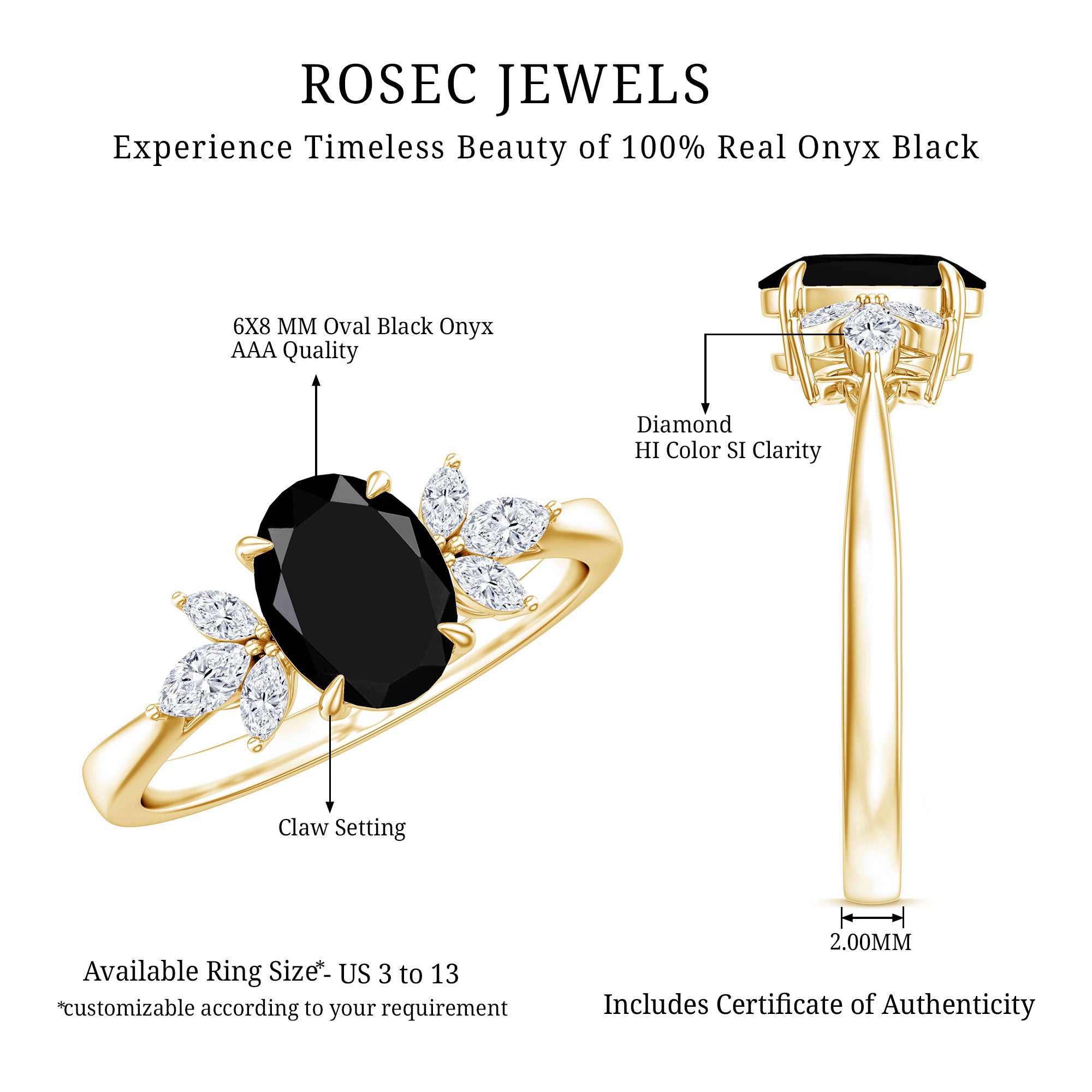 Oval Cut Black Onyx Engagement Ring with Diamond Trio AAA - Rosec Jewels