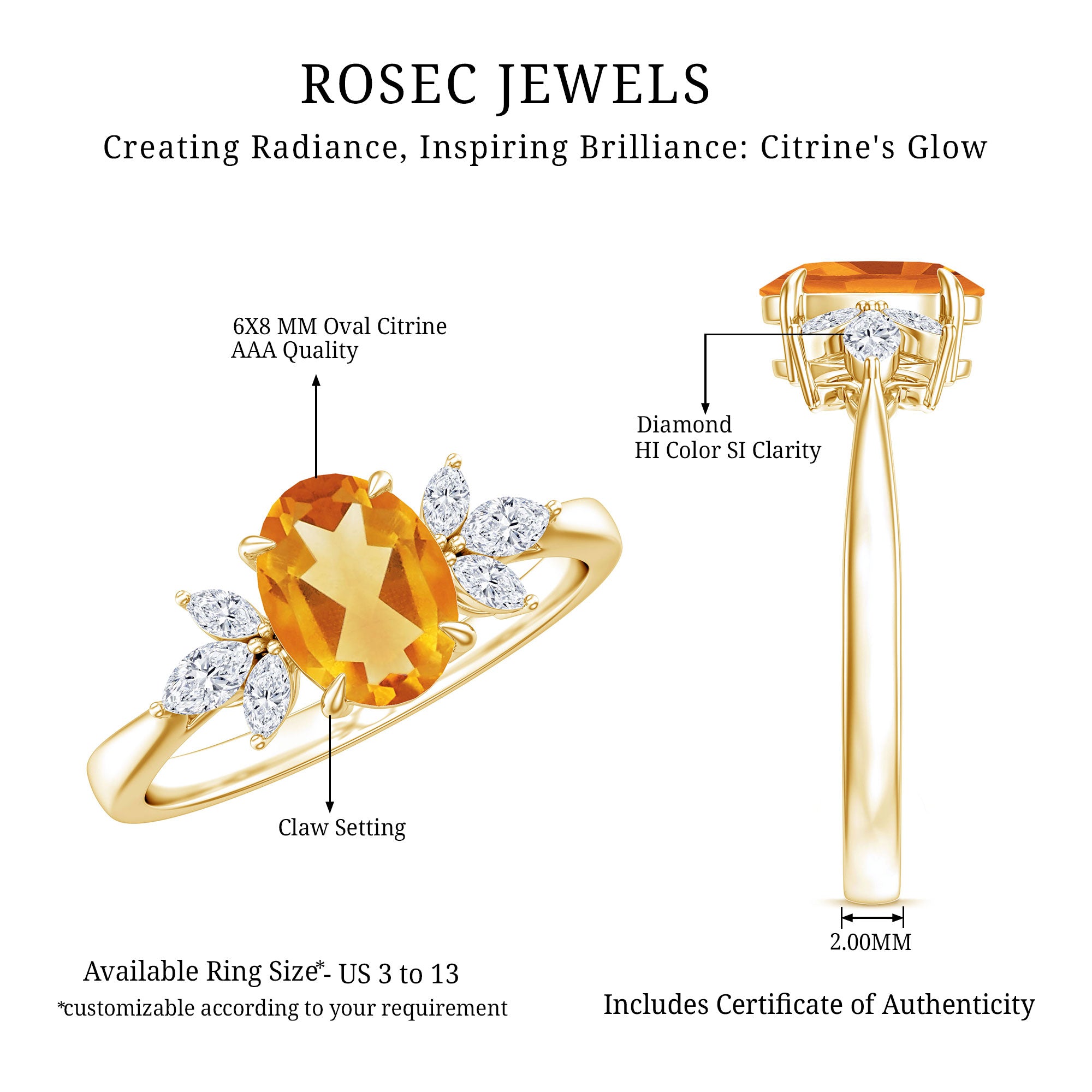 Certified Real 6X8mm Citrine Oval Engagement Ring with Diamond Trio AAA - Rosec Jewels