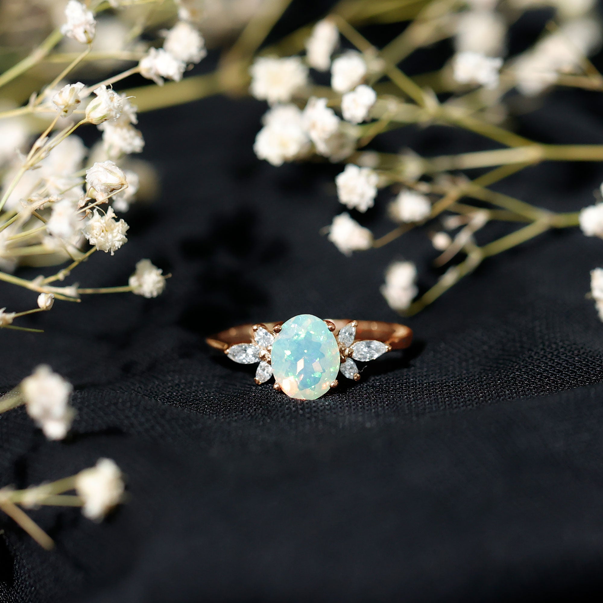 Natural 6X8mm Rainbow Opal Oval Engagement Ring with Diamond AAA - Rosec Jewels