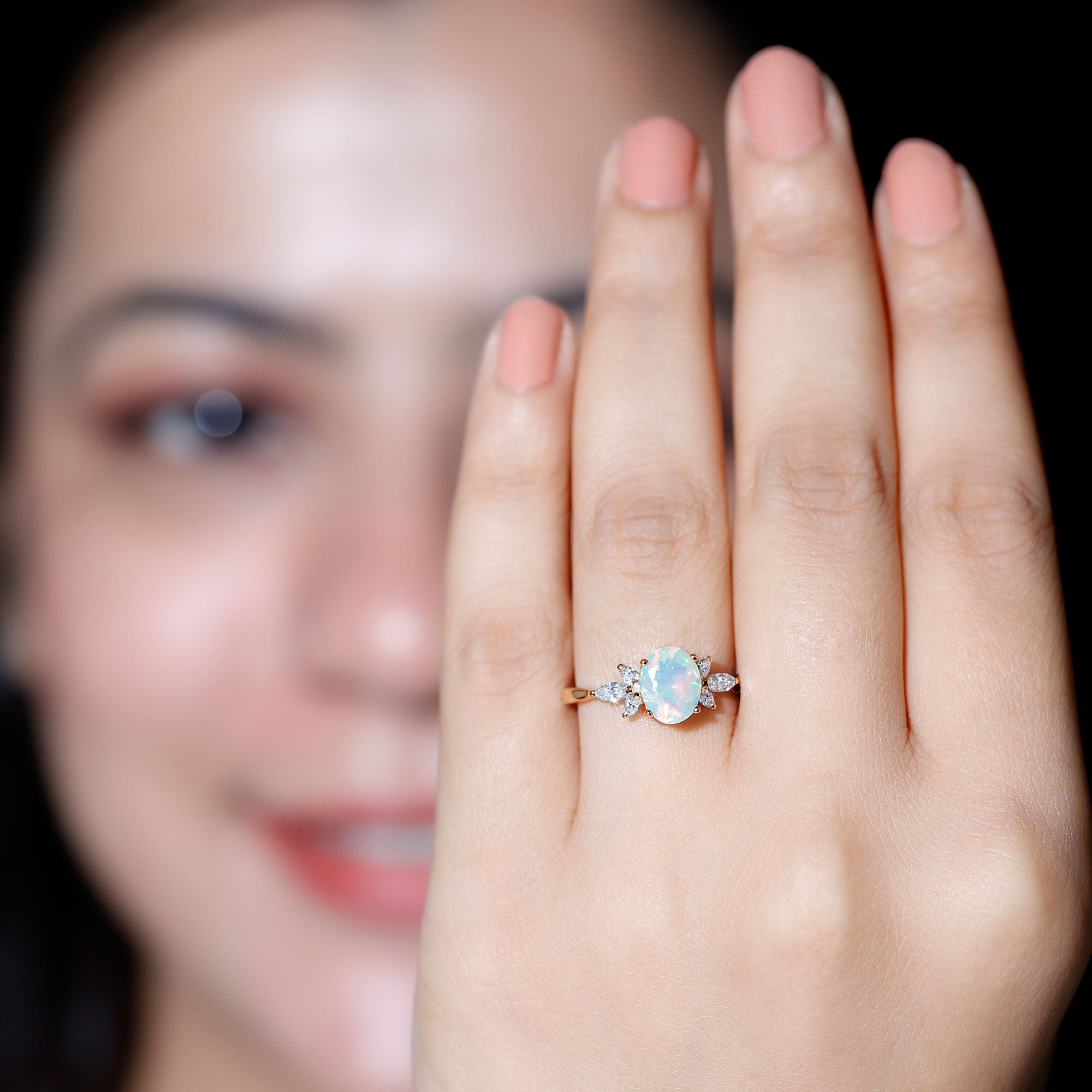 Natural 6X8mm Rainbow Opal Oval Engagement Ring with Diamond AAA - Rosec Jewels