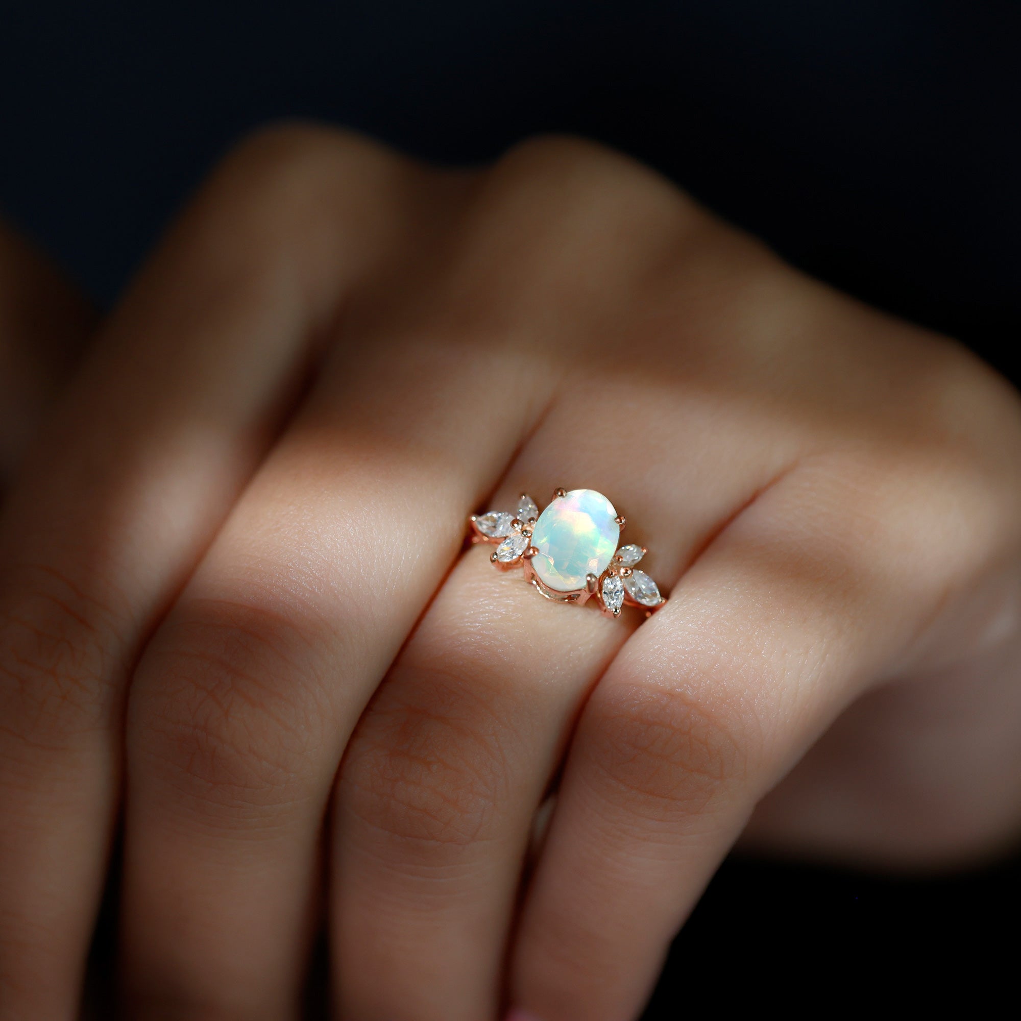 Natural 6X8mm Rainbow Opal Oval Engagement Ring with Diamond AAA - Rosec Jewels