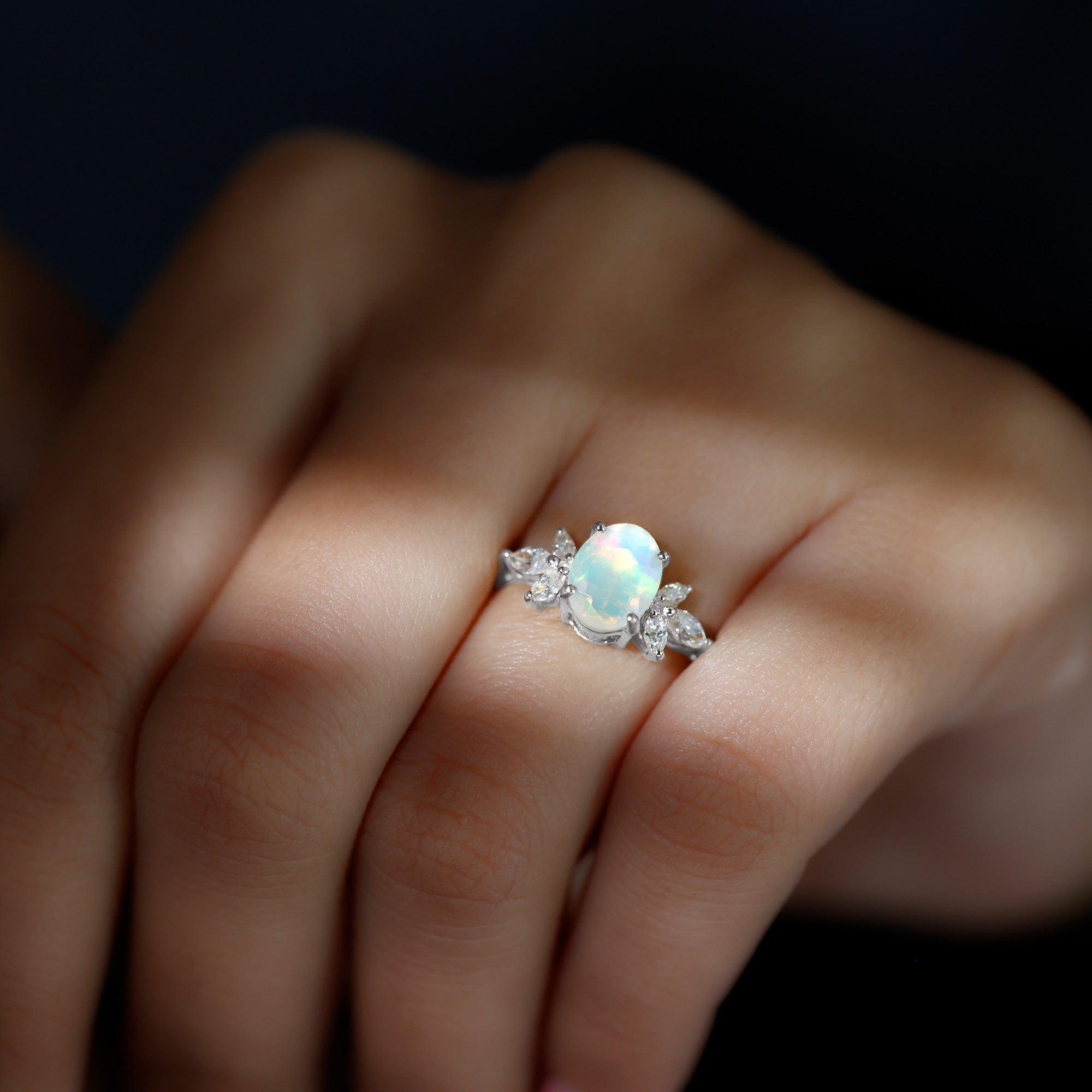 Natural 6X8mm Rainbow Opal Oval Engagement Ring with Diamond AAA - Rosec Jewels