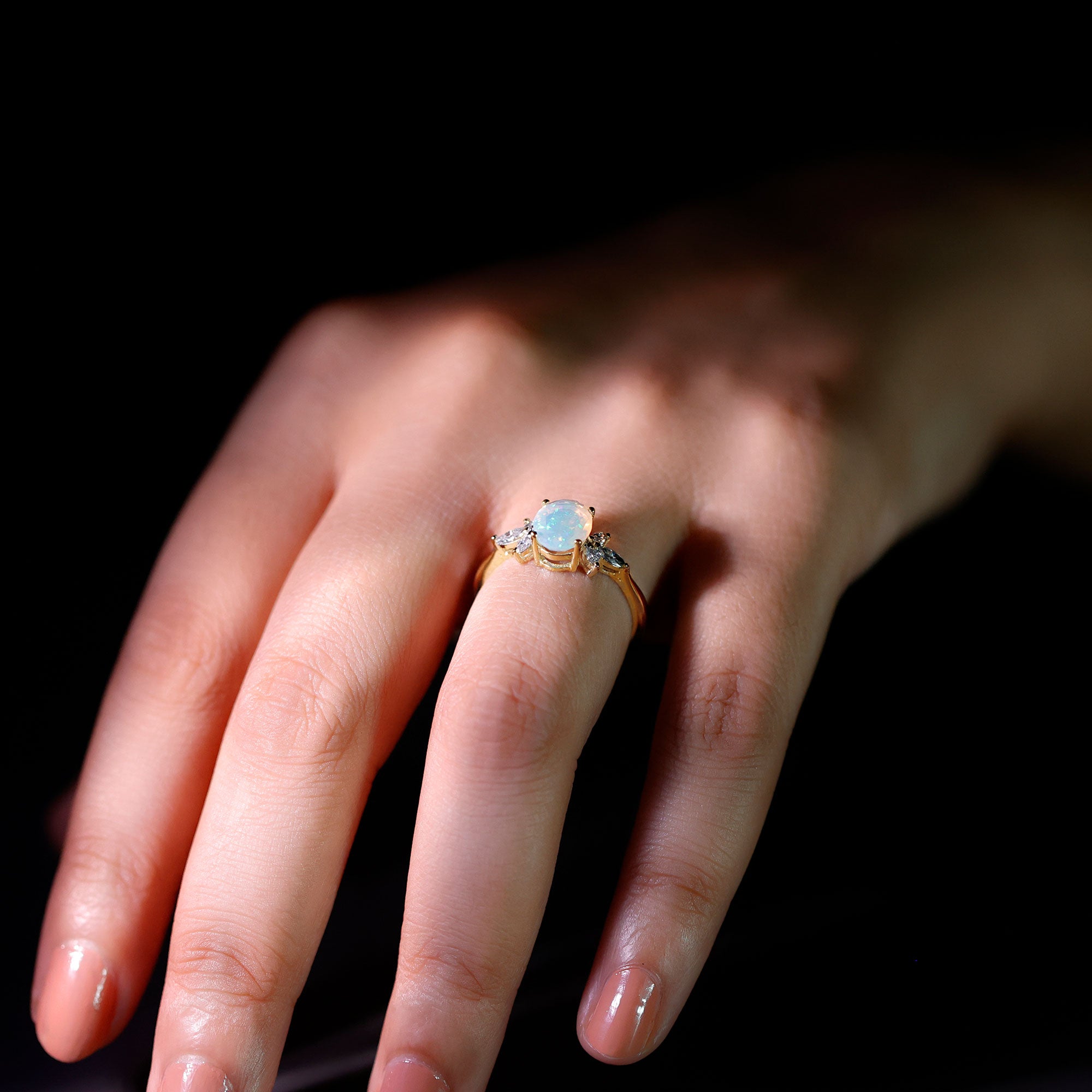 Natural 6X8mm Rainbow Opal Oval Engagement Ring with Diamond AAA - Rosec Jewels