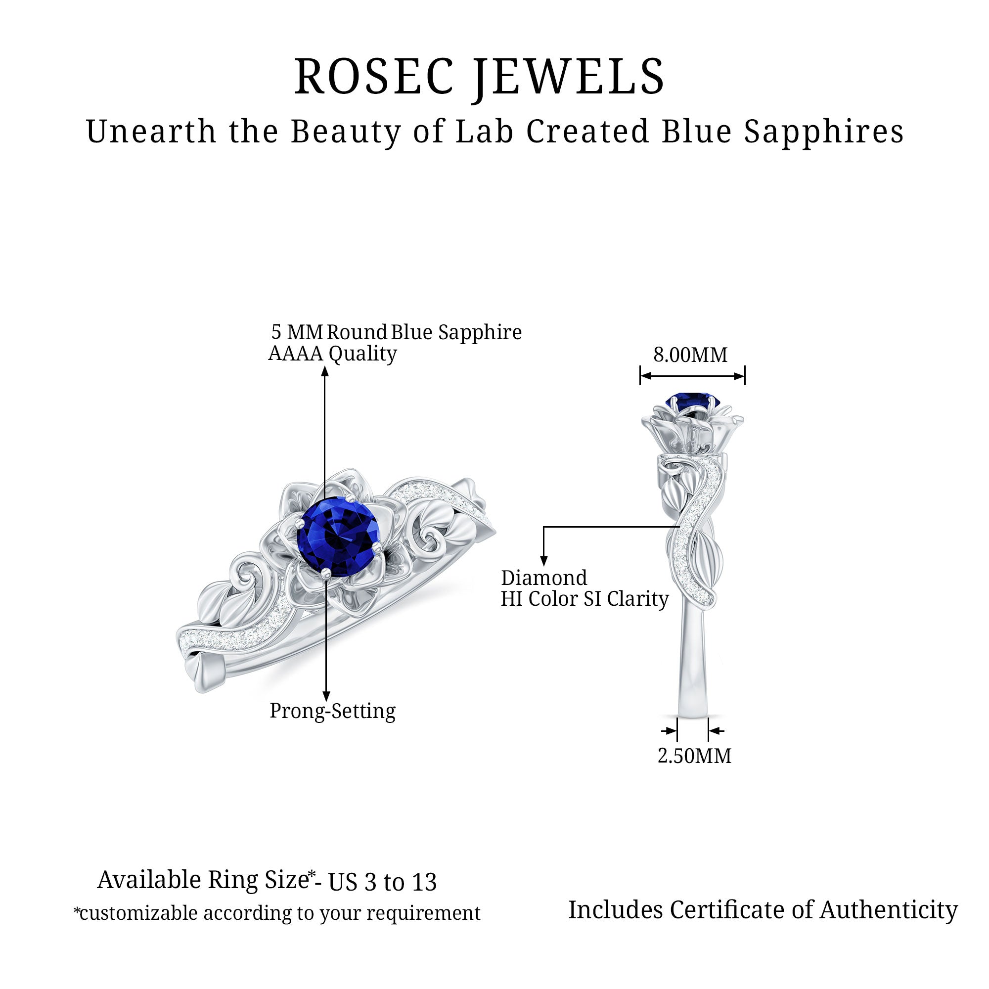 Certified Lab Grown Blue Sapphire Flower Engagement Ring with Diamond AAAA - Rosec Jewels
