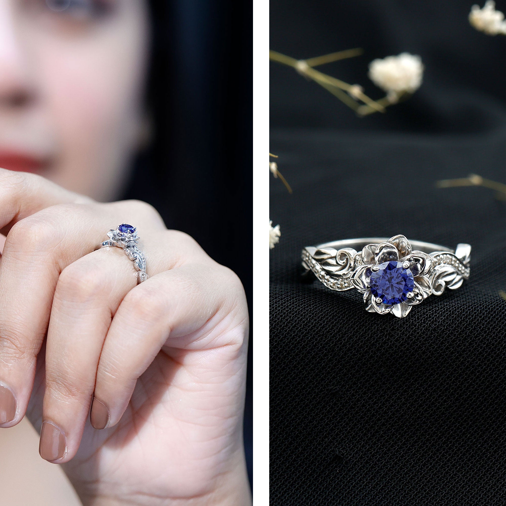 Certified Lab Grown Blue Sapphire Flower Engagement Ring with Diamond AAAA - Rosec Jewels