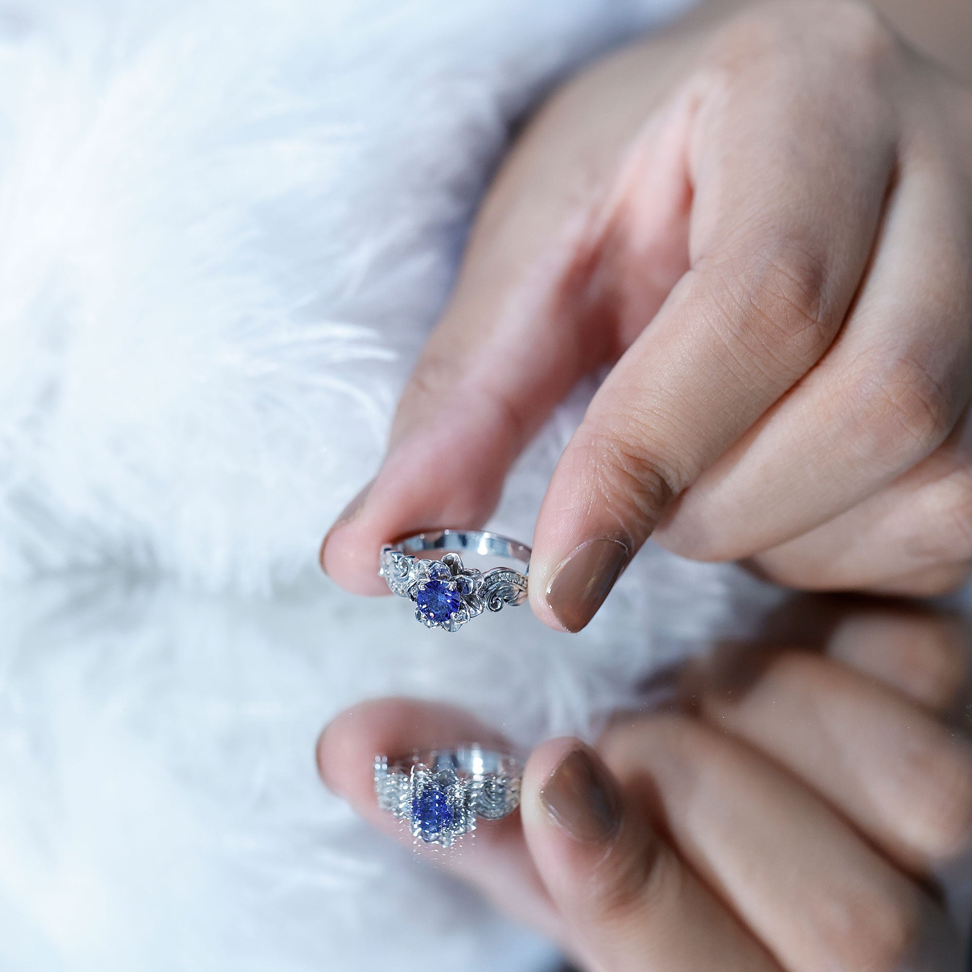 Certified Lab Grown Blue Sapphire Flower Engagement Ring with Diamond AAAA - Rosec Jewels