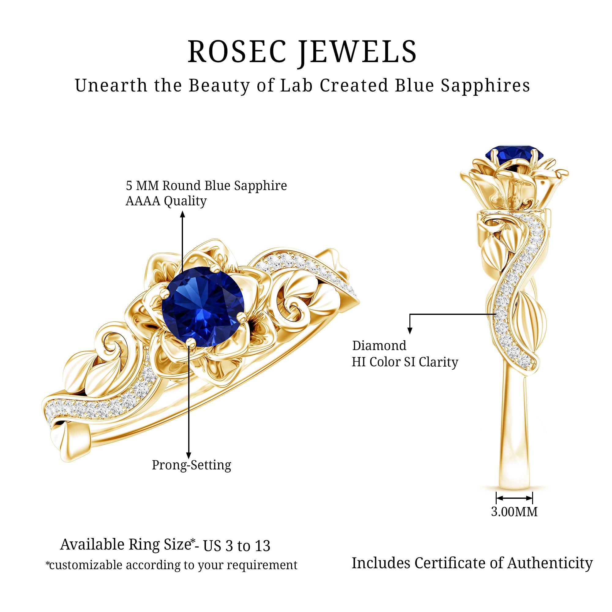 Certified Lab Grown Blue Sapphire Flower Engagement Ring with Diamond AAAA - Rosec Jewels