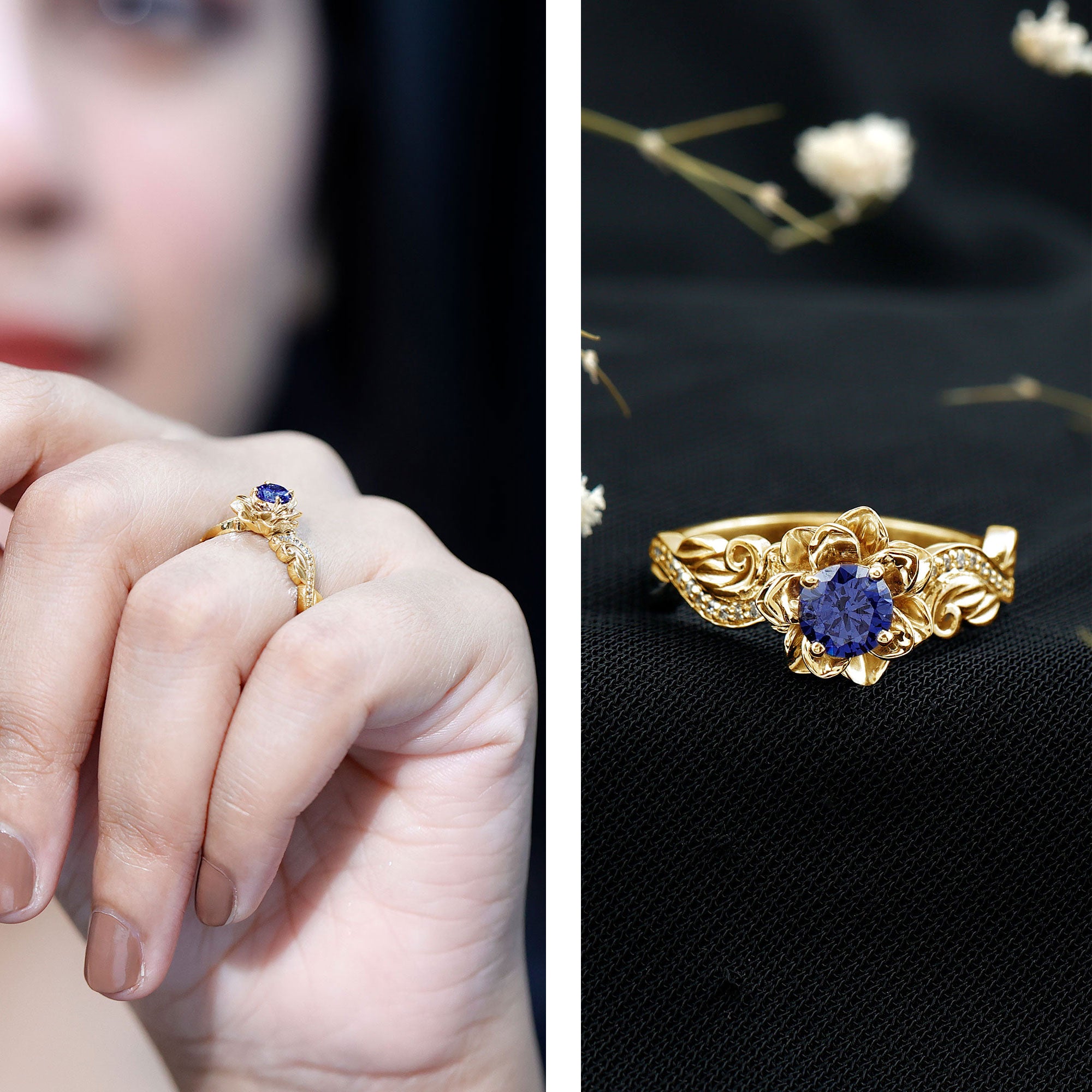 Certified Lab Grown Blue Sapphire Flower Engagement Ring with Diamond AAAA - Rosec Jewels