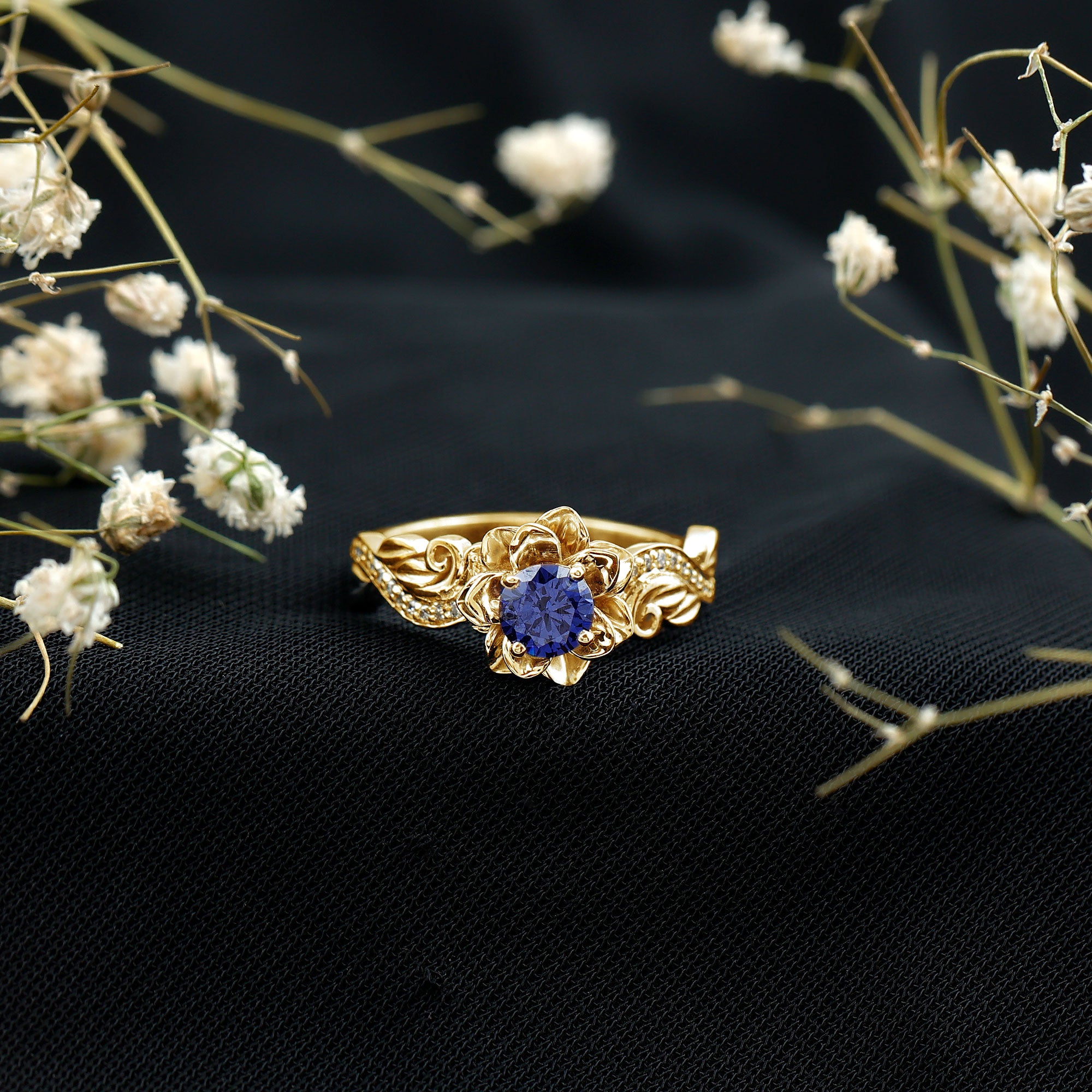 Certified Lab Grown Blue Sapphire Flower Engagement Ring with Diamond AAAA - Rosec Jewels