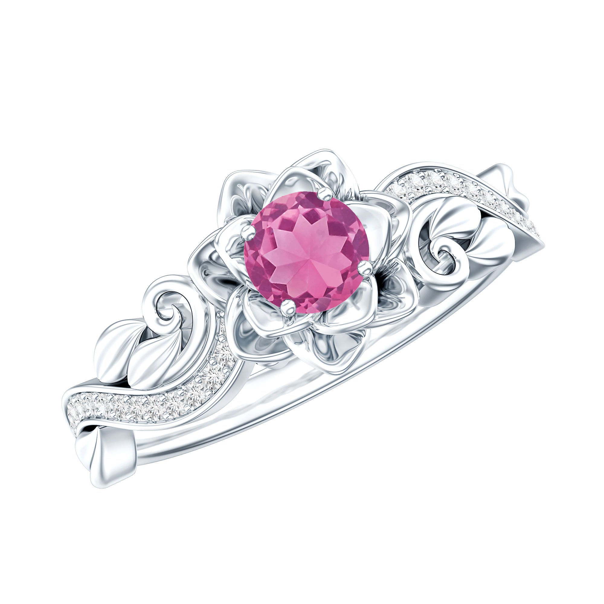 Nature Inspired Pink Tourmaline and Diamond Engagement Ring AAA - Rosec Jewels