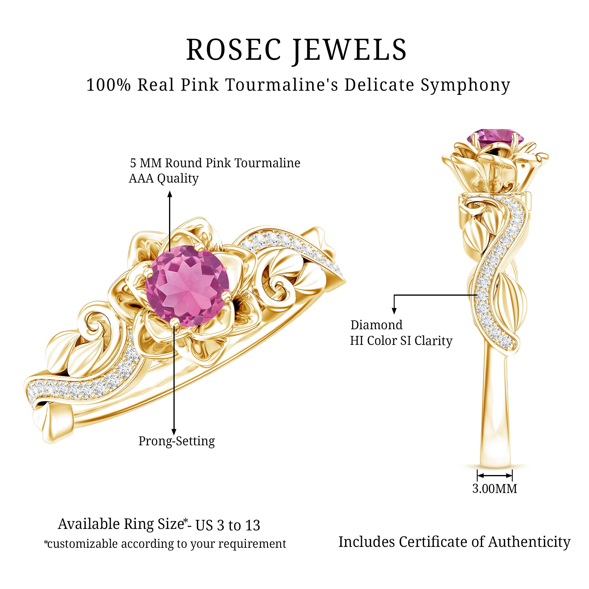 Nature Inspired Pink Tourmaline and Diamond Engagement Ring AAA - Rosec Jewels